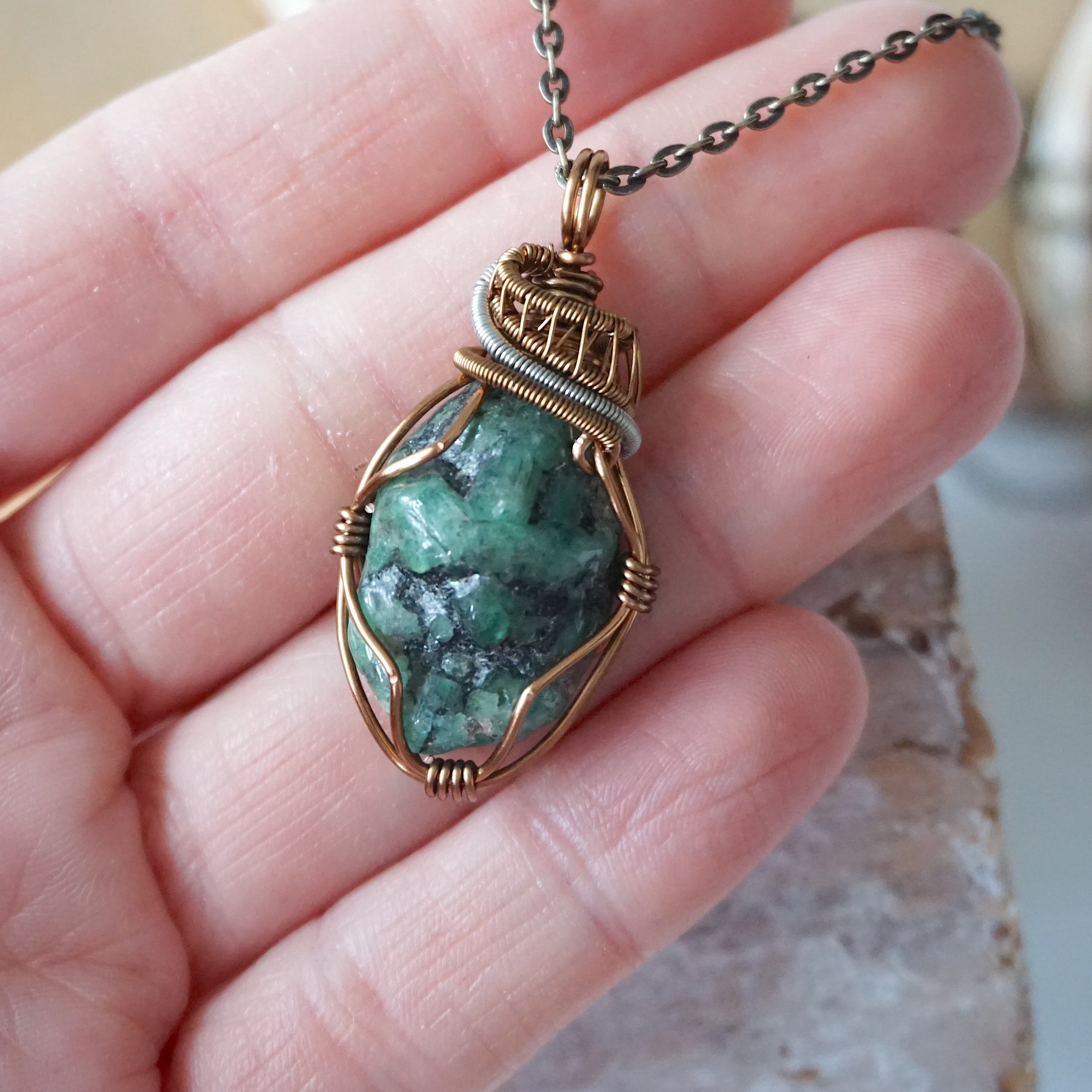 Natural Raw Emerald Crystal Necklace with Sterling Silver & Bronze Wire Wrapping - Healing Stone Jewelry for Meditation, Energy Cleansing & Spiritual Gifts