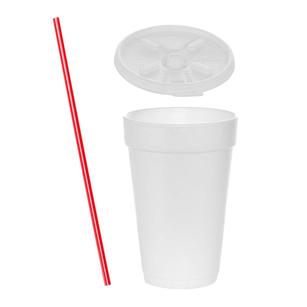 Tezzorio 16 oz White Foam Cups (100 Sets) with Lift'n'Lock Lids & Stirrers - Disposable Insulated Coffee Cups for Hot & Cold Drinks - Perfect for Office, Parties, and Takeout Beverages