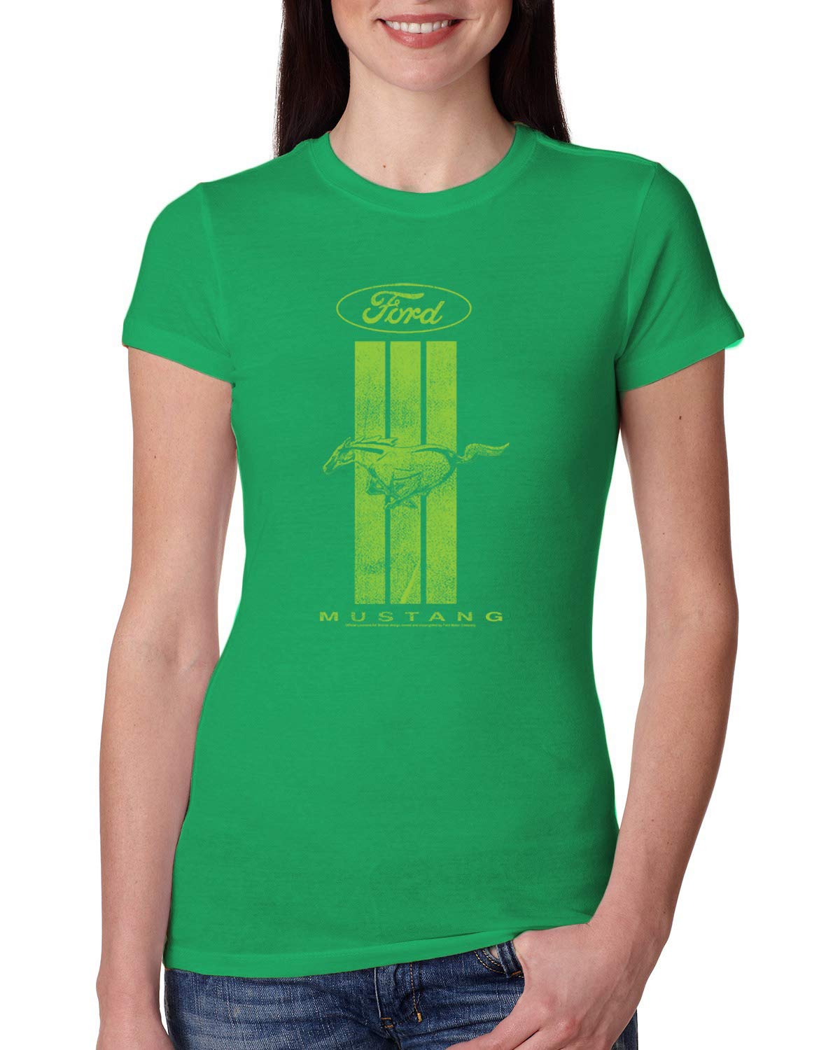 Green Striped Ford Mustang Women's Slim Fit Junior Tee - Kelly Green, Size Large | Vintage Car Lover Gift, Casual Wear, Road Trip Outfit