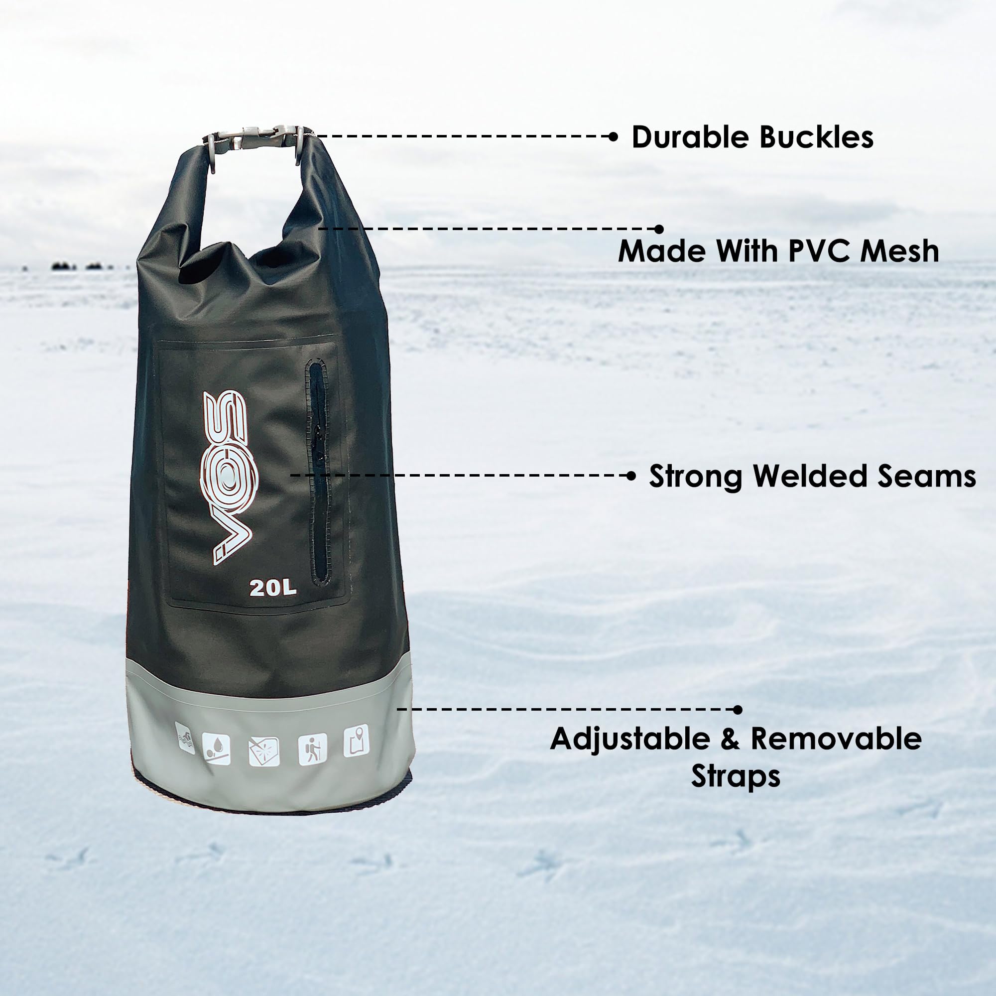 VOS 20L Waterproof Dry Bag – Lightweight Premium Dry Storage Backpack for Travel, Swimming, Boating, Kayaking, Camping & Beach | All-Weather Protection for Outdoor Adventures (Black/Grey)