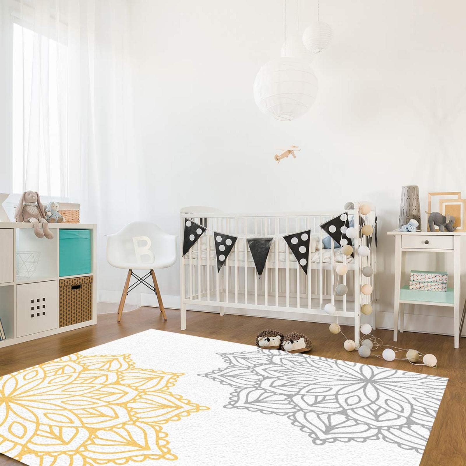 Abstract Dahlia Pinnata Flower Area Rug - Soft Washable Yellow Grey Carpet for Nursery, Bedroom & Living Room - 5' x 7' Kids Room Decor Rug - Perfect for Boys & Girls Bedrooms, Playrooms and Cozy Home Decor