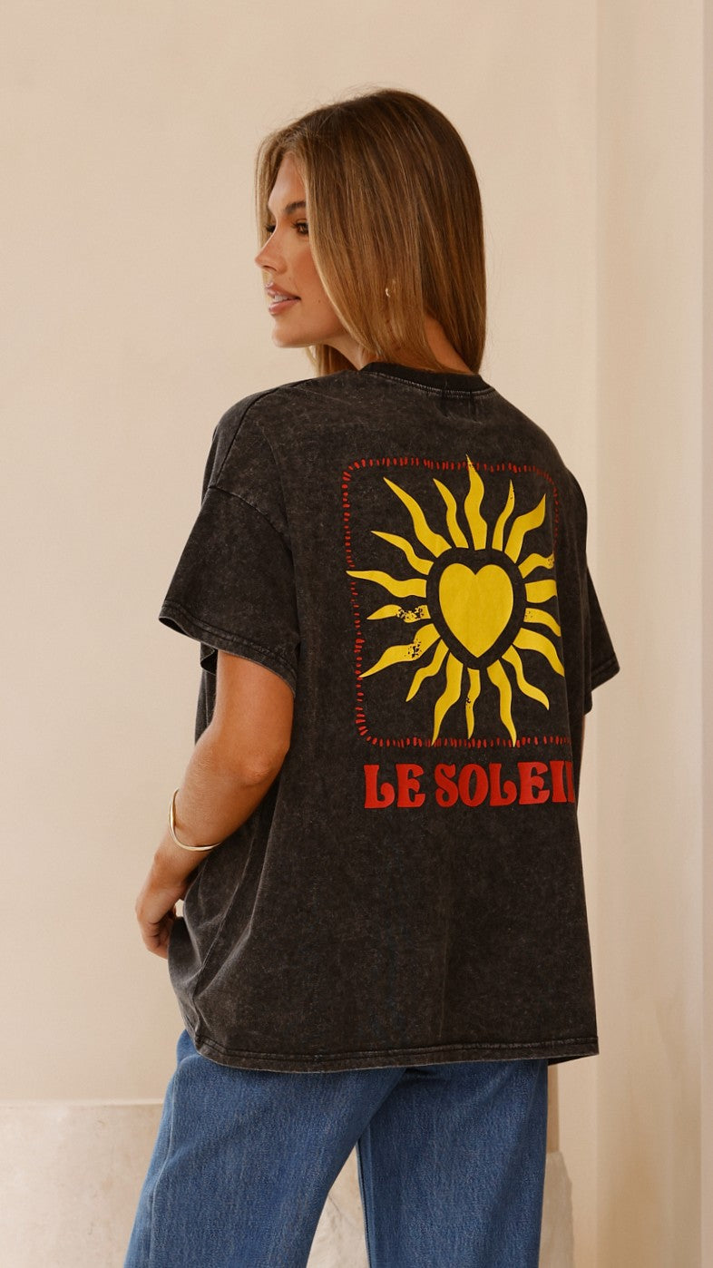 Le Soleil Acid Wash Black T-Shirt for Men & Women | Vintage Distressed Cotton Tee | Casual Streetwear & Everyday Outfit