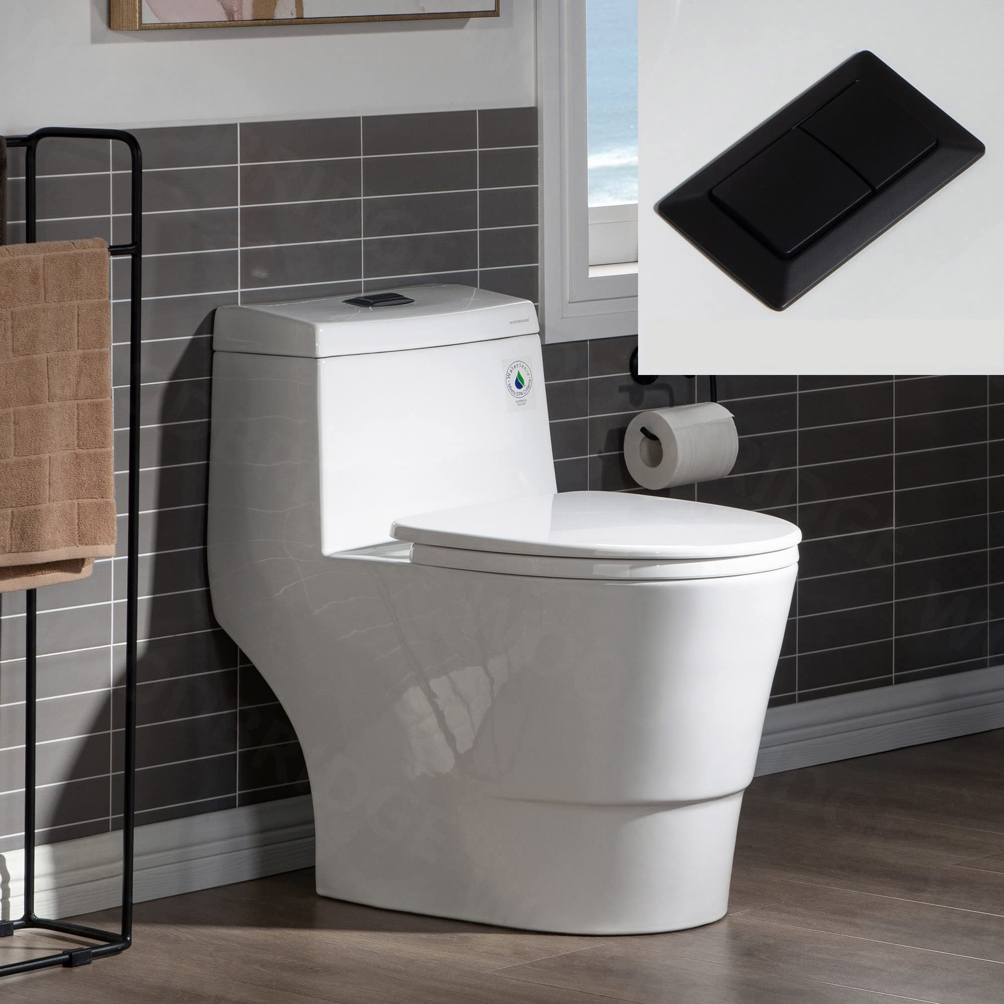 WOODBRIDGE One Piece Toilet with Soft Closing Seat - Chair Height ADA Compliant, 1.28 GPF Dual Flush Water Saving, 1000 Gram MaP Flushing Score, Water Sensed Technology, Matte Black Button (Model T0001-MB) - Perfect for Modern Bathrooms, Small Spaces & Water Conservation Homes
