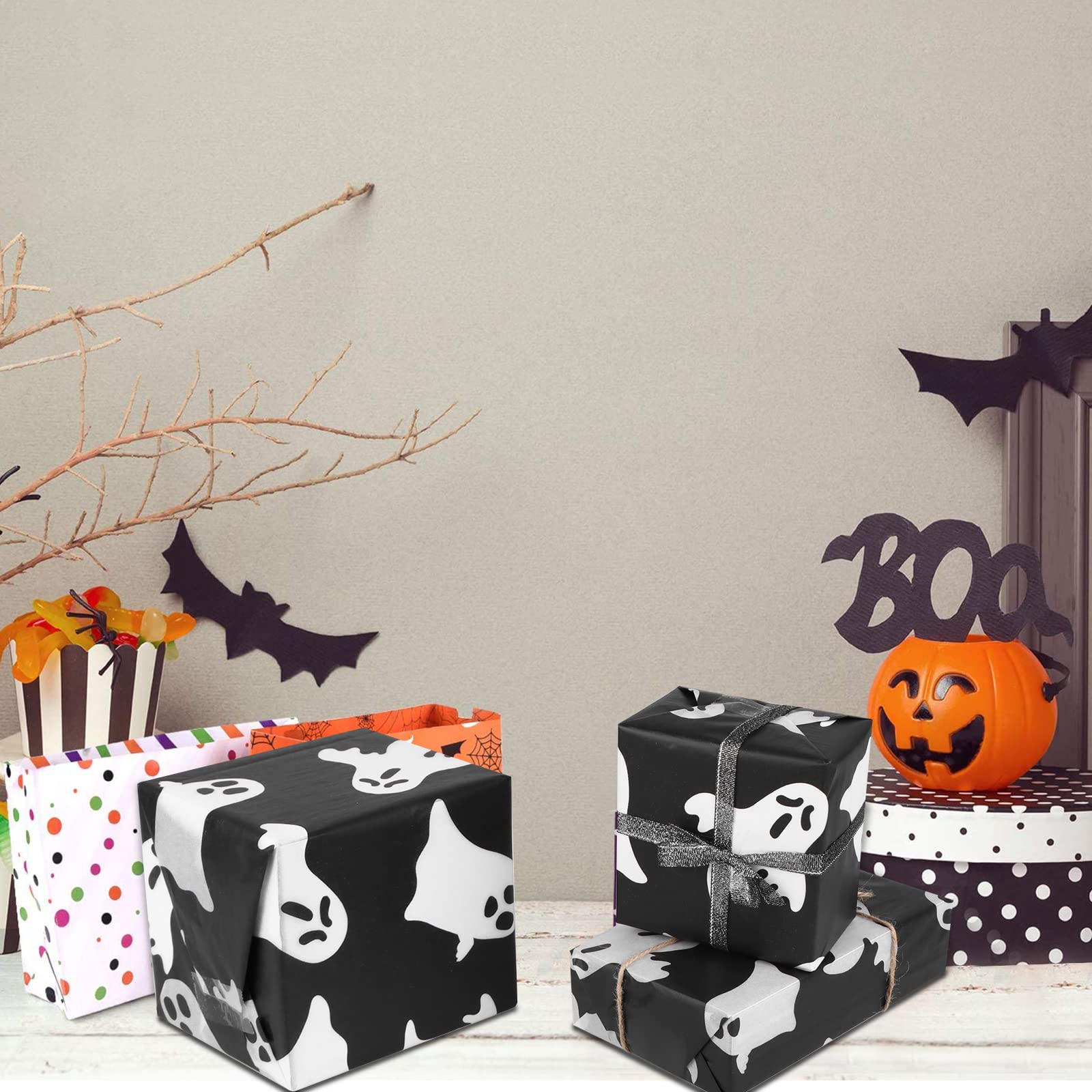 60 Sheets 20x20 Inch Halloween Tissue Paper - White Ghost & Horror Pattern Decorative Paper for Party Decorations, Gift Wrapping, Scrapbooking & DIY Crafts