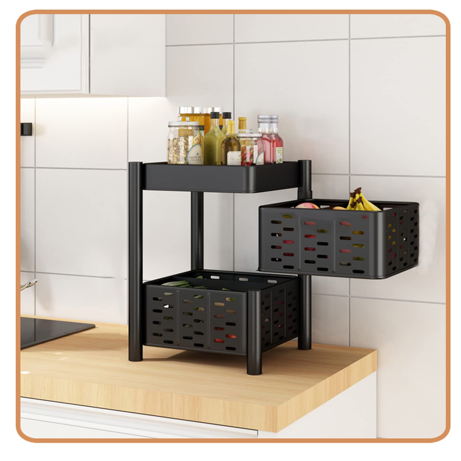 360° Rotating Kitchen Vegetable Shelf - 2-Tier Black Space-Saving Floor Storage Rack for Fruits & Vegetables | Perfect for Pantry Organization & Small Kitchen Spaces