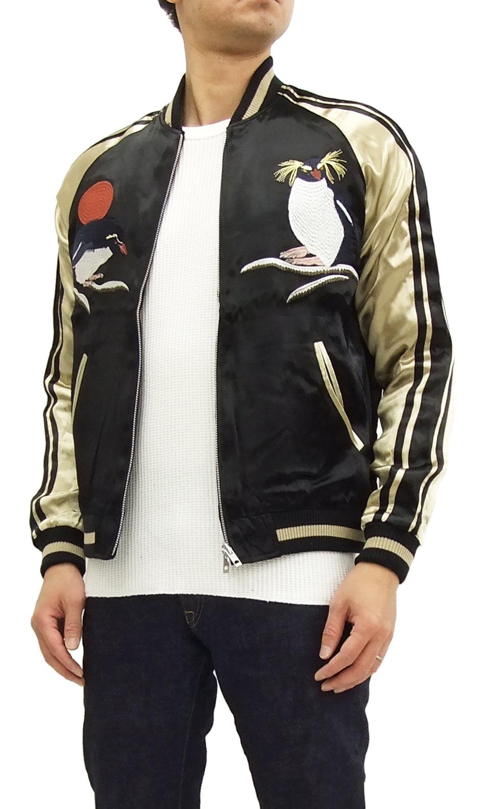 Japanese Souvenir Jacket for Men - Black & Gold Penguin Design Sukajan Bomber | Vintage-Inspired Asian Streetwear | Perfect for Casual Outfits, Cosplay & Urban Fashion