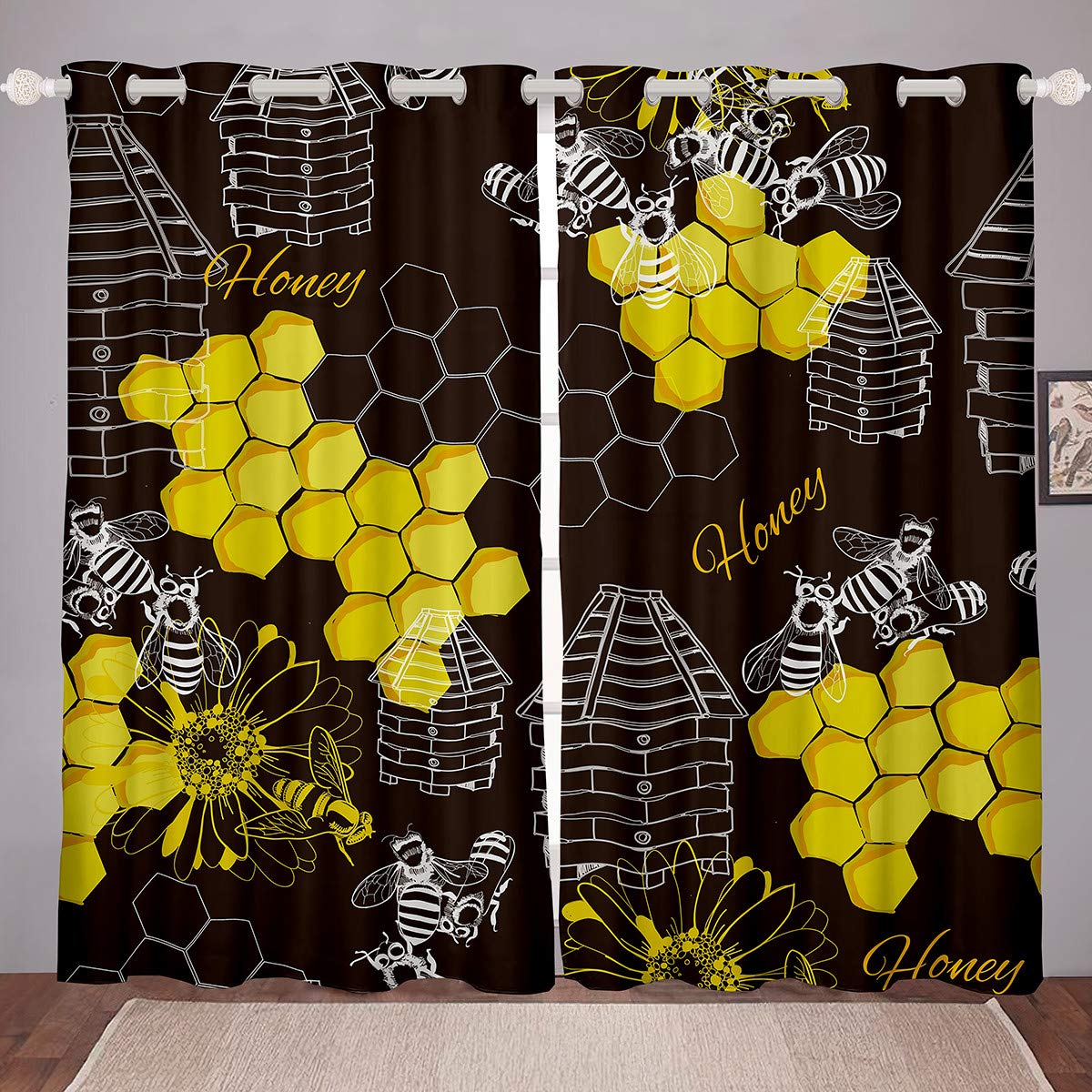 Castle Fairy Honeycomb Bees Animal Window Curtains - Yellow Hexagon Flower Print on Black Background, Soft Brushed Fabric, 2 Panel Set (104W x 90L inches) - Perfect for Kids' Room, Nursery, or Playroom Decor