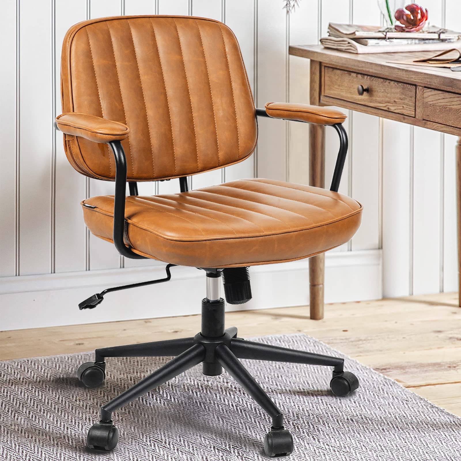 Artswish Brown Leather Mid Century Desk Chair - Adjustable Height & Backrest, Ergonomic Office Chair with Arms & Wheels - Perfect for Home Office, Study Room & Workspace