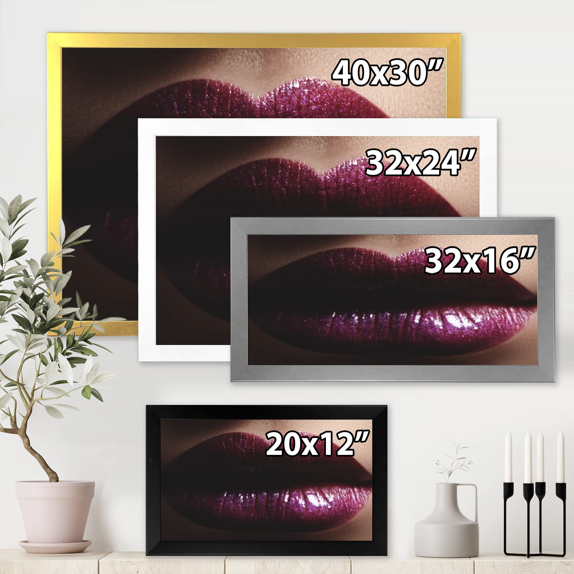 DesignQ Glittery Plump Lips Modern Framed Wall Art - Glamorous Home Decor for Living Room, Bedroom & Office