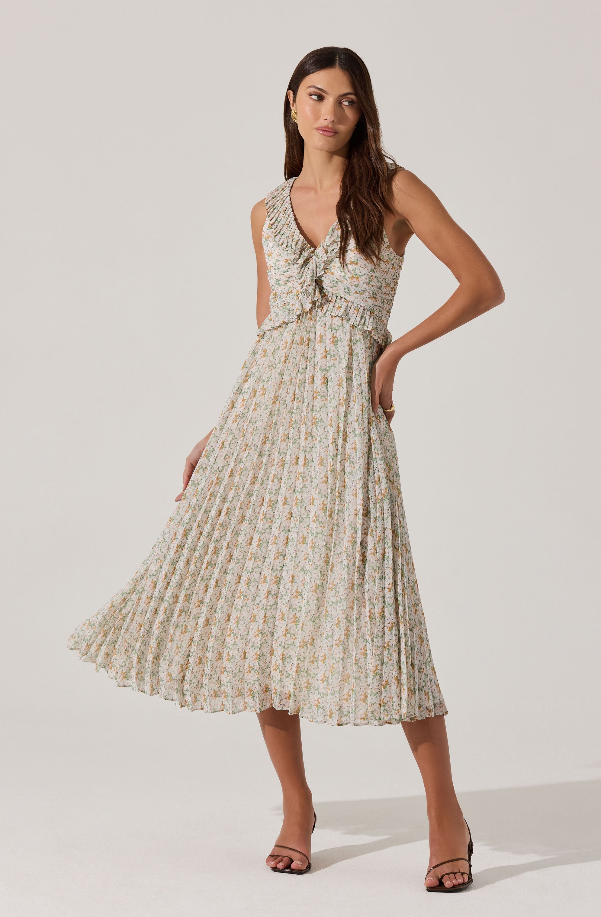 Floral Ruffle Pleated Midi Dress for Women - Summer Flowy Boho Style Dress for Beach, Wedding & Party Occasions