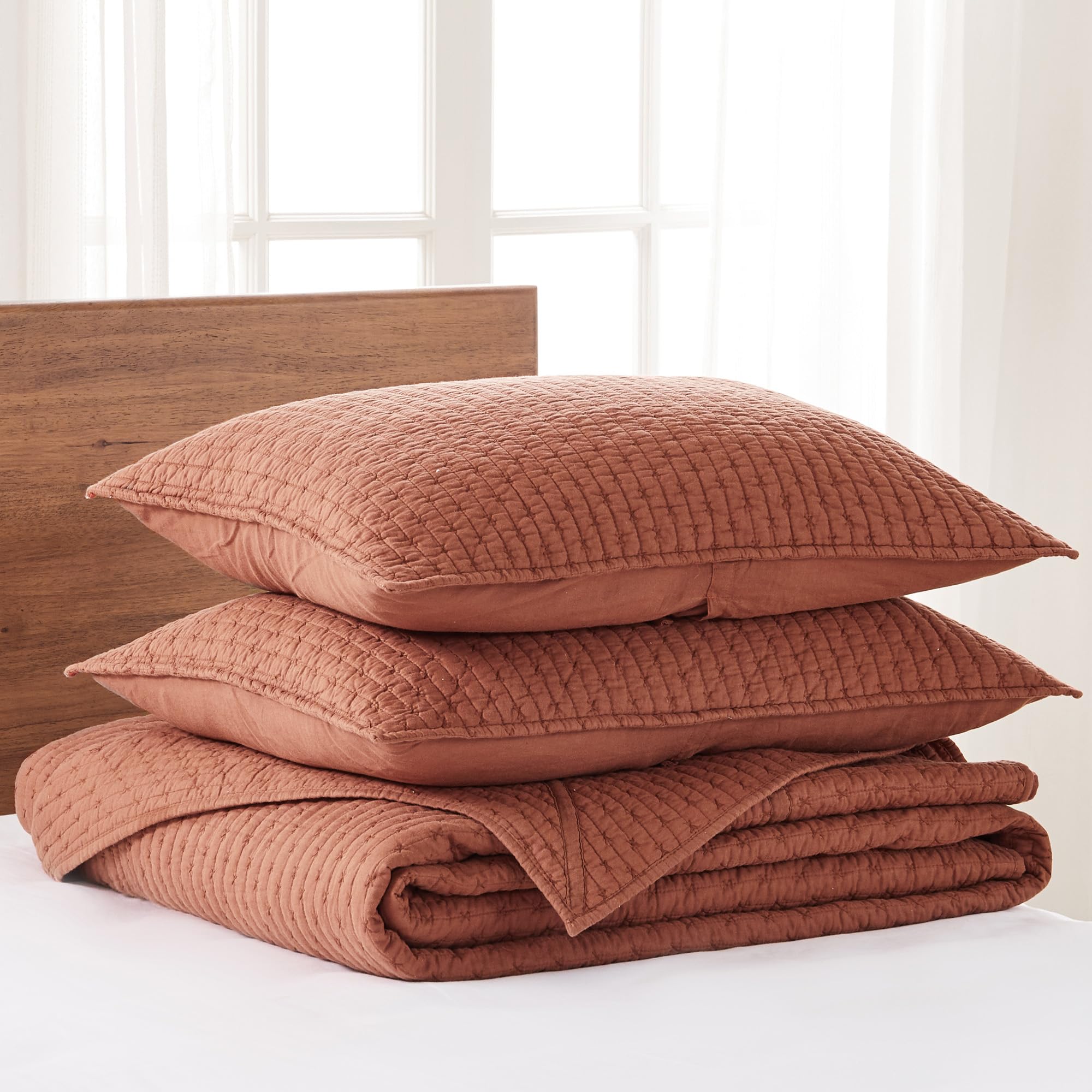 Levtex Home King Size Cross Stitch Adobe Quilted Bedspread Set with 2 Shams - 120x104 Inch Cotton Bed Cover - Perfect for Master Bedroom, Guest Room & Farmhouse Decor