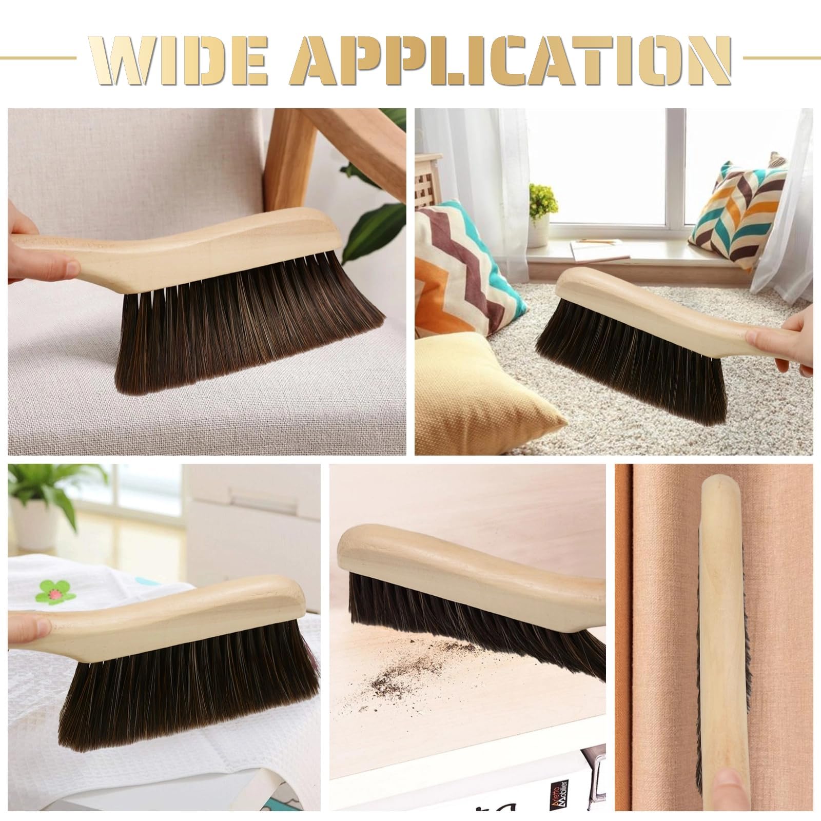 2 Pack Wooden Hand Broom and Dust Brush Set - Natural Wood Handle with Soft Bristles for Gentle Cleaning | Perfect for Countertops, Beds, Sofas, Cars, Fireplaces & Clothes | Eco-Friendly Household Cleaning Brush (Brown)