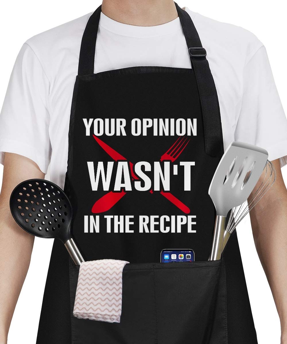 Funny Black Apron with 2 Pockets & Adjustable Neck Strap - 'Your Opinion Wasn't in the Recipe' Humorous Cooking Apron for Men & Women - Perfect Gift for Husband, Dad, Friends, Birthday, Christmas, Thanksgiving - Ideal for BBQ, Baking, Grilling & Kitchen Cooking
