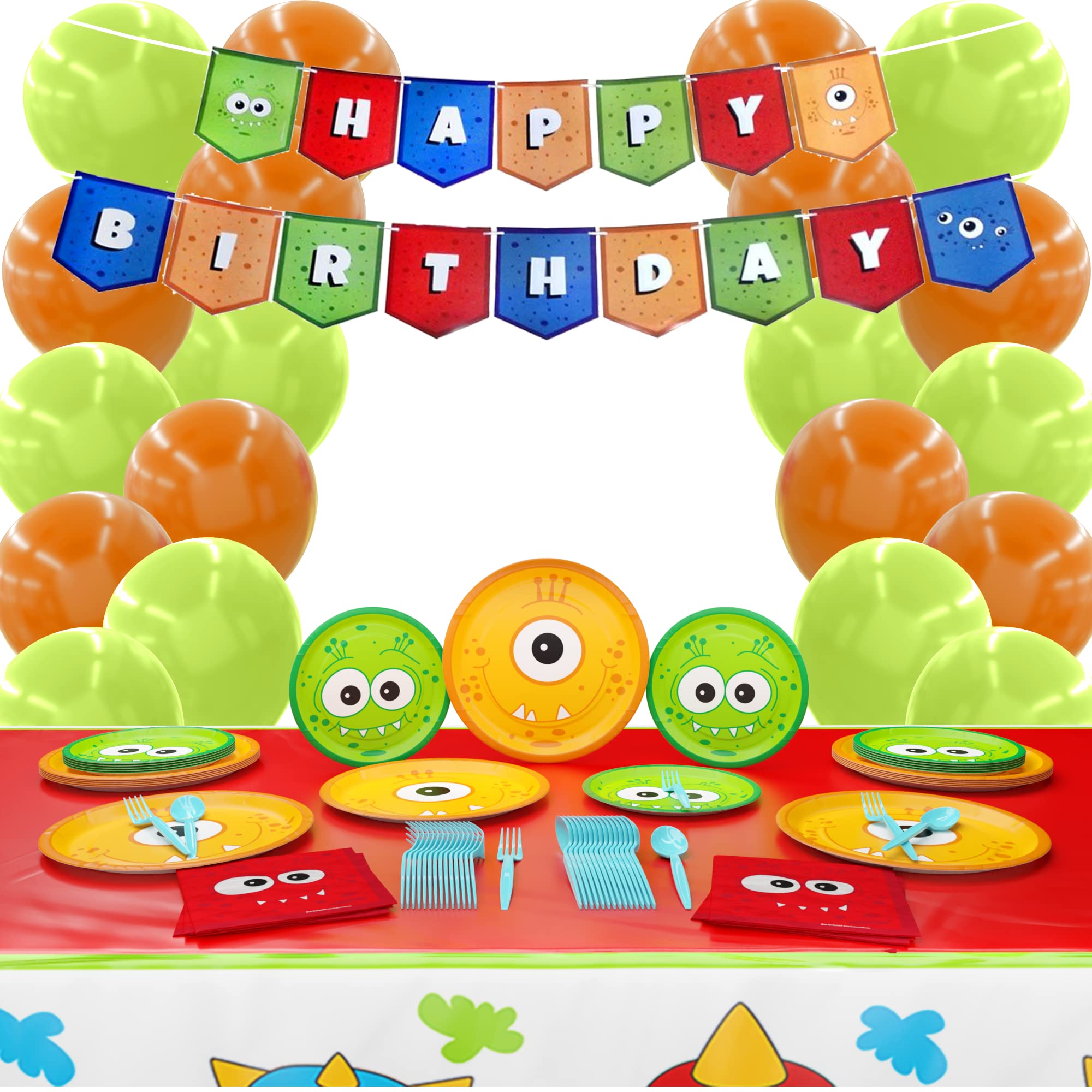 Monster Deluxe Party Supplies Kit (123 Pieces for 16 Guests) - Complete Monster Birthday Party Decorations Set with Plates, Napkins & Tableware - Perfect for Monster Themed Parties, 1st Birthdays & Halloween Celebrations