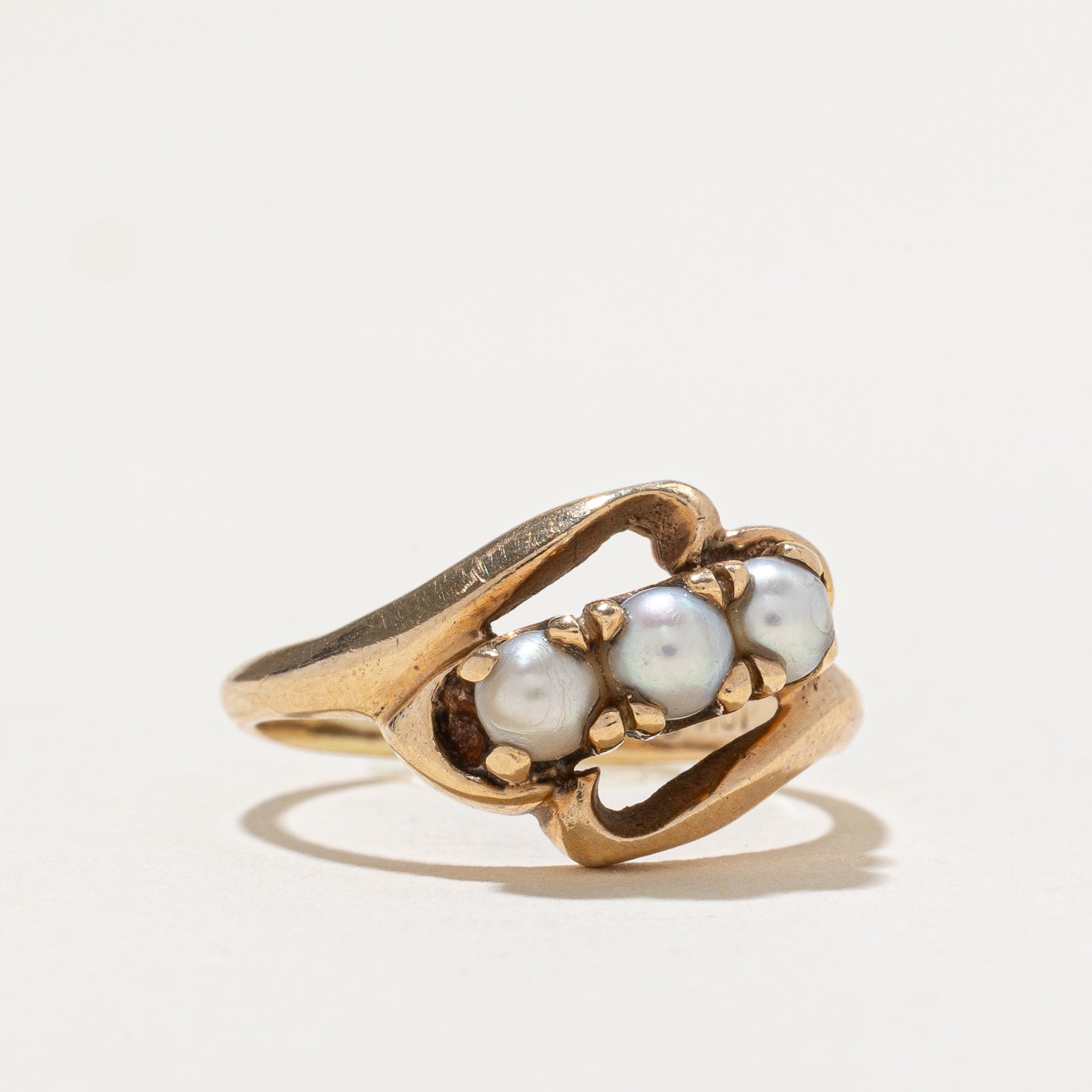 Elegant 3-Stone Pearl Ring with Diagonal Design - Size 4.5 | Perfect for Weddings, Anniversaries & Special Occasions