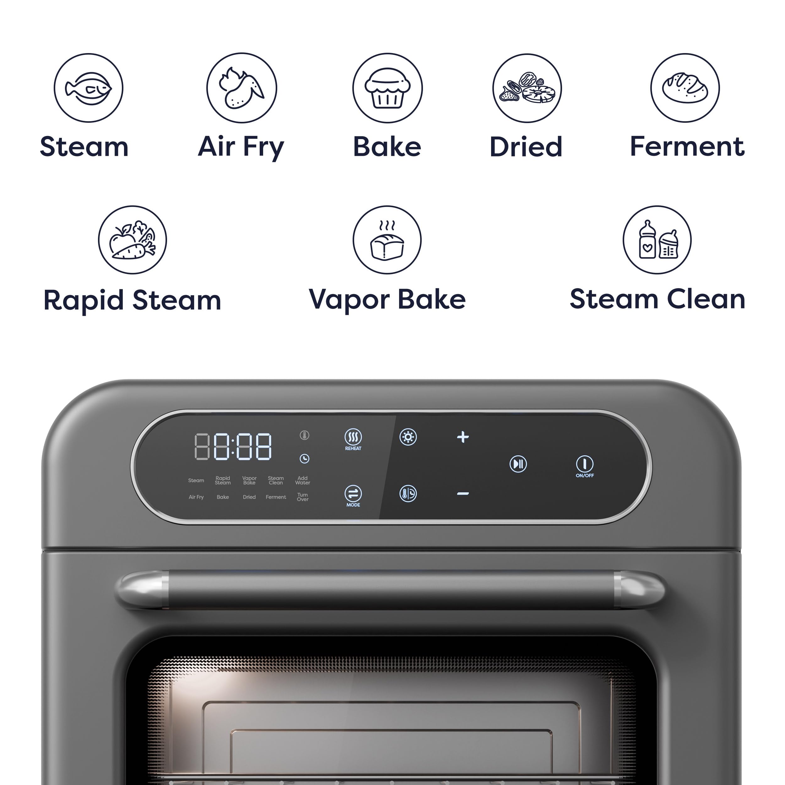 CIARRA 8-in-1 2L Mini Countertop Convection Oven with Steam Function - Air Fryer, Rapid Steam, Vapor Bake, Steam Clean, Bake, Dry & Ferment - Perfect for Small Kitchens, Dorms & RV Cooking (Grey)