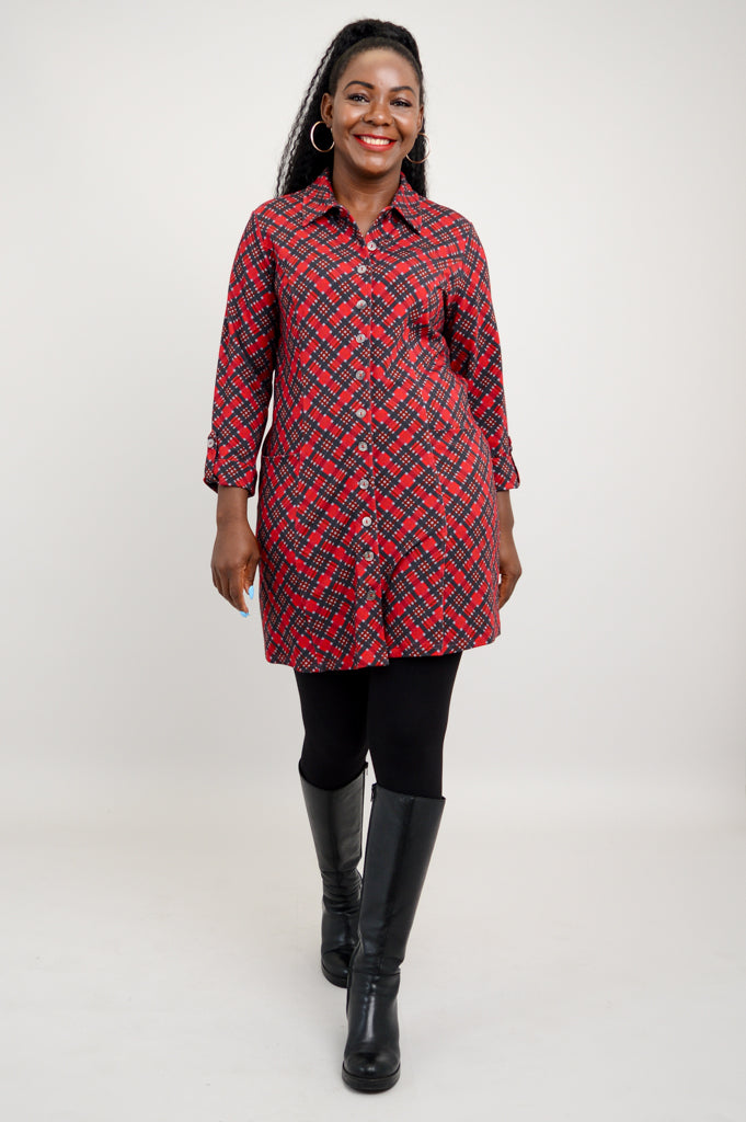 Charlie Tunic - Cherry Plaid Bamboo Top | Women's Comfortable Casual Shirt | Perfect for Office Wear & Weekend Outfits