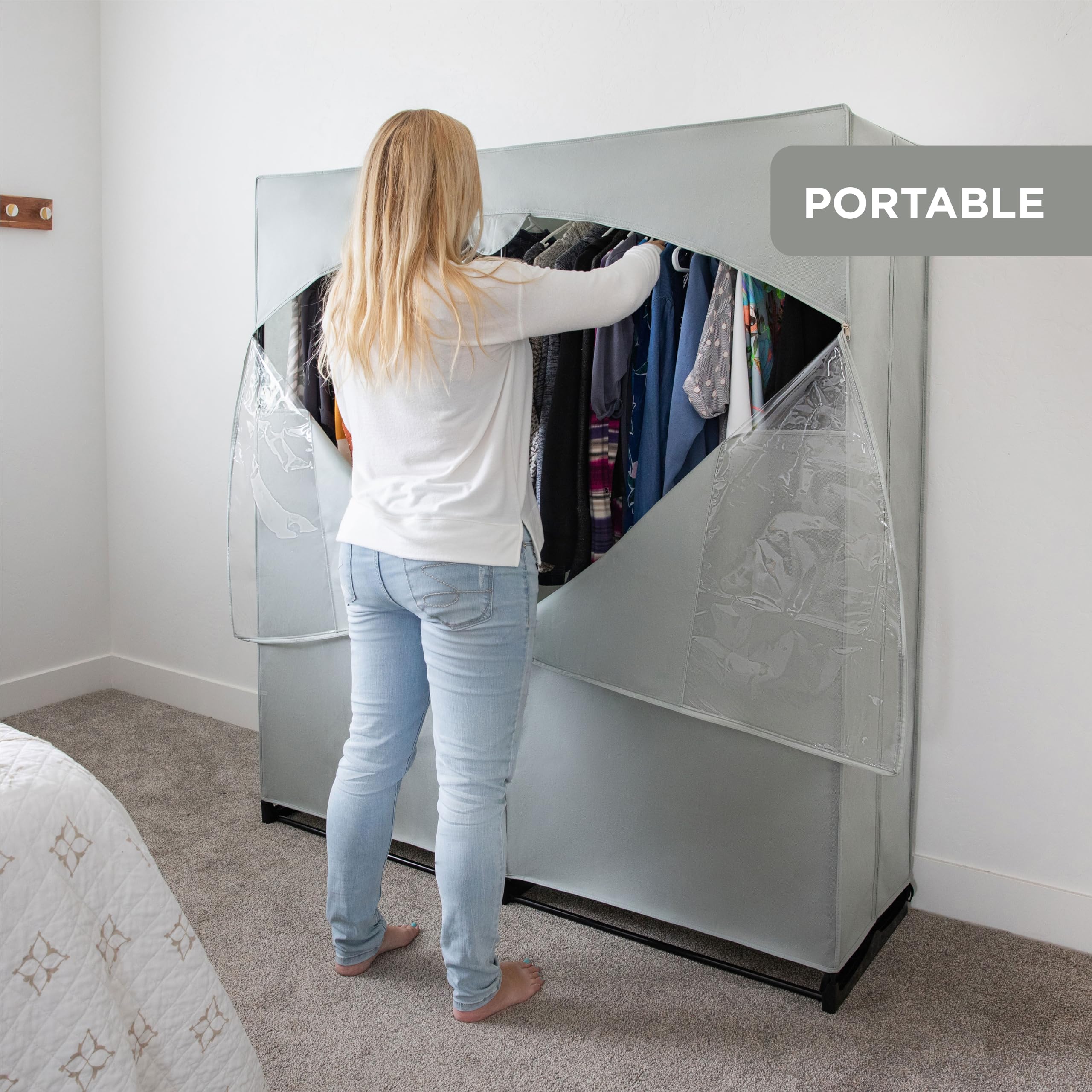 Premium Heavy Duty Portable Wardrobe Closet with Metal Hanging Rod & Gray Cover - 50 LB Capacity - Easy No-Tool Assembly for Home, Dorm, Travel & Camping Storage Solutions