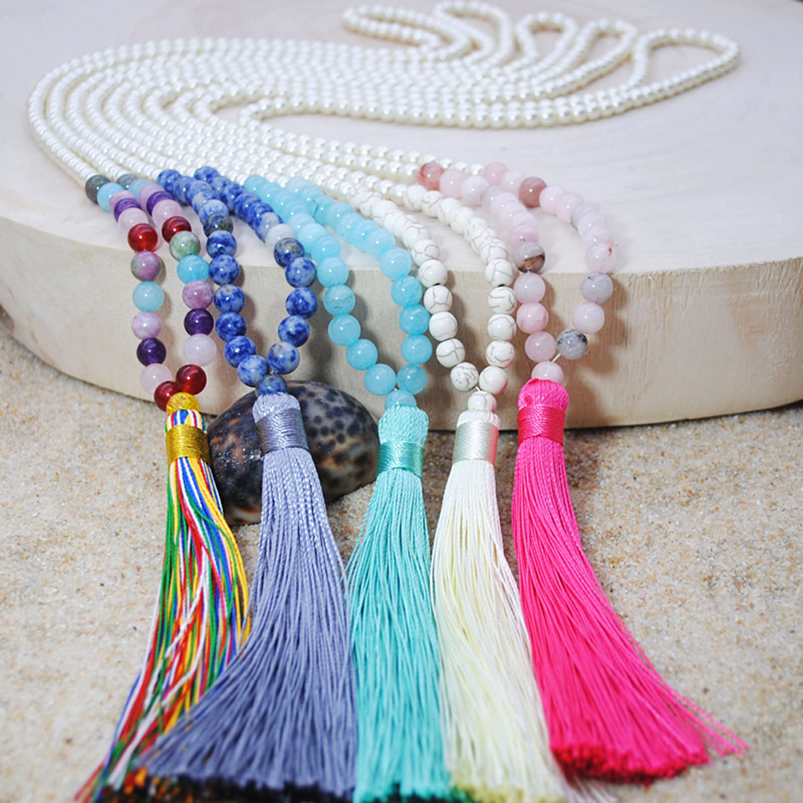 Long Strand Beads Necklace - Yoga & Meditation Mala Beads with Hand-Knotted Tassel Pendant | Spiritual Jewelry for Mindfulness Practice, Chakra Balancing & Boho Fashion