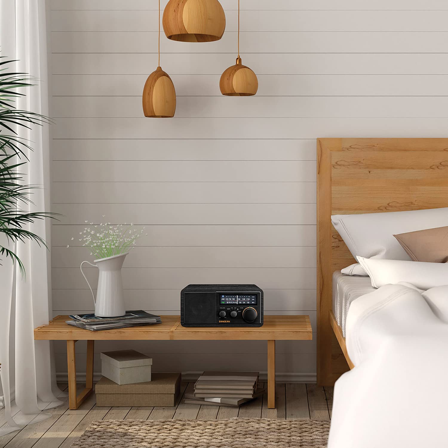 SANGEAN SG-118 AM/FM/Bluetooth Wooden Cabinet Radio with USB Phone Charging - Vintage Style Wireless Speaker for Home, Office & Outdoor Use