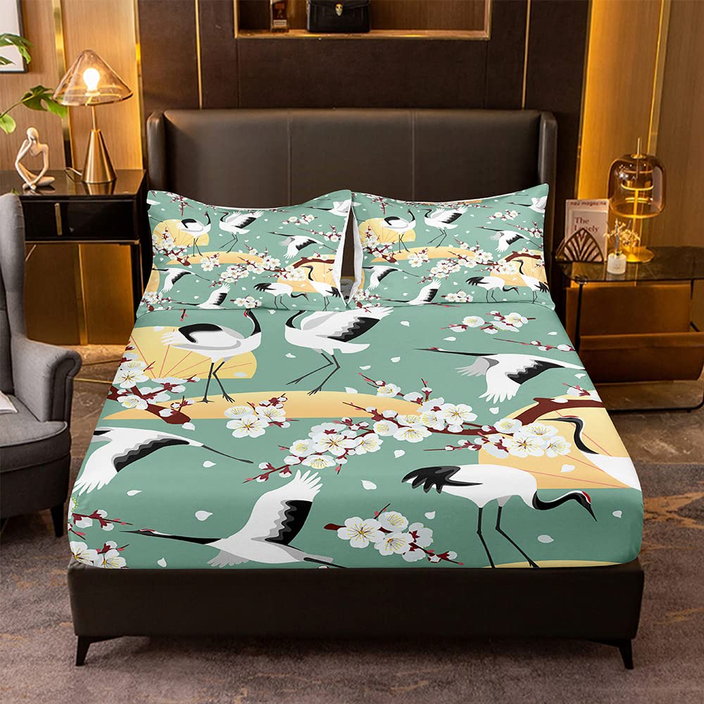 White Crane & Plum Blossom Chinese Style Fitted Sheet Set Queen Size - 1 Fitted Sheet & 2 Pillowcases - Luxury Floral Bedding for Master Bedroom, Guest Room, or Asian-Themed Decor