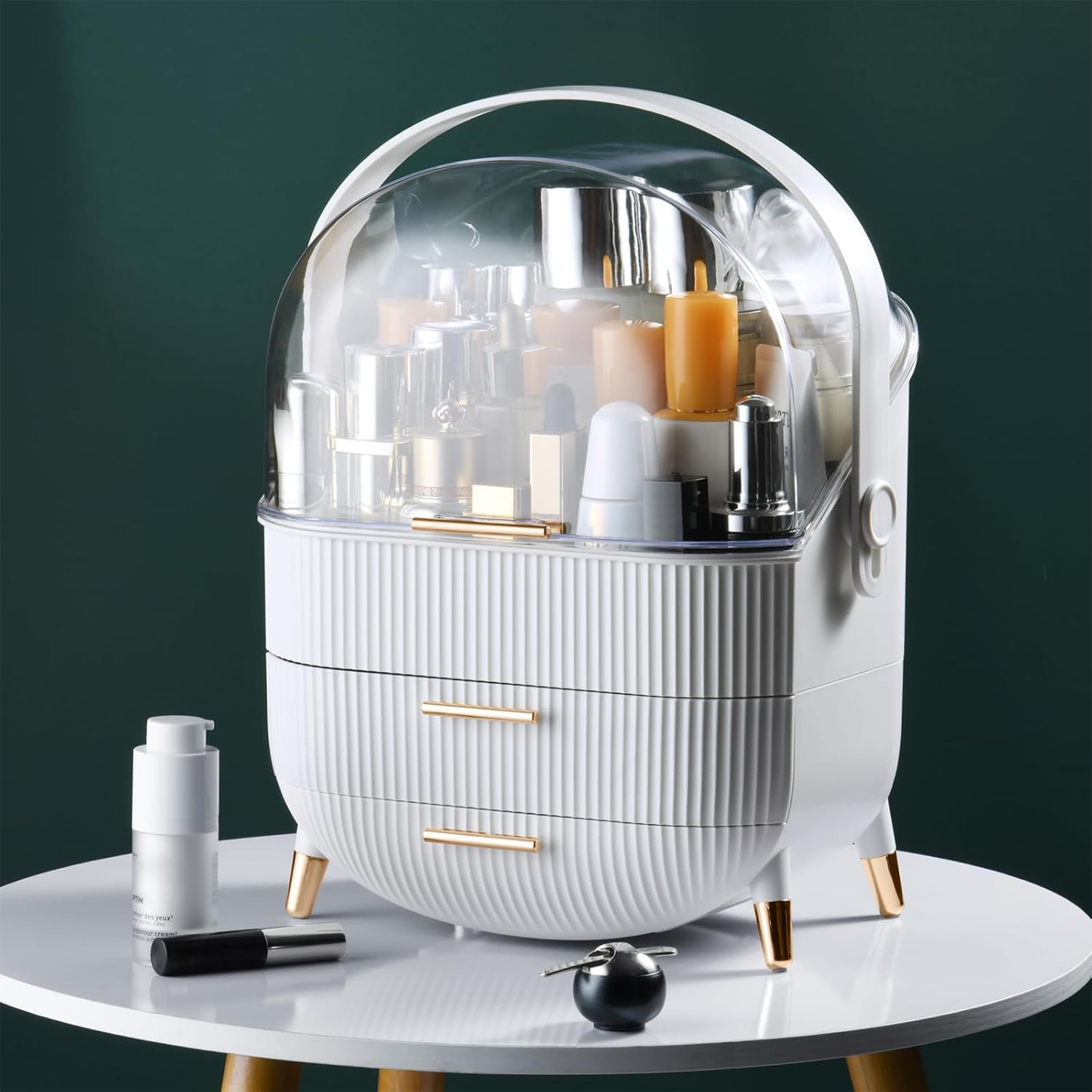 Onomie Makeup Organizer with Lid & Drawers - Vanity Cosmetic Storage Case for Skincare & Beauty Products - Countertop, Bathroom, Dresser Display (White T1) - Perfect for Daily Beauty Routine & Travel Organization