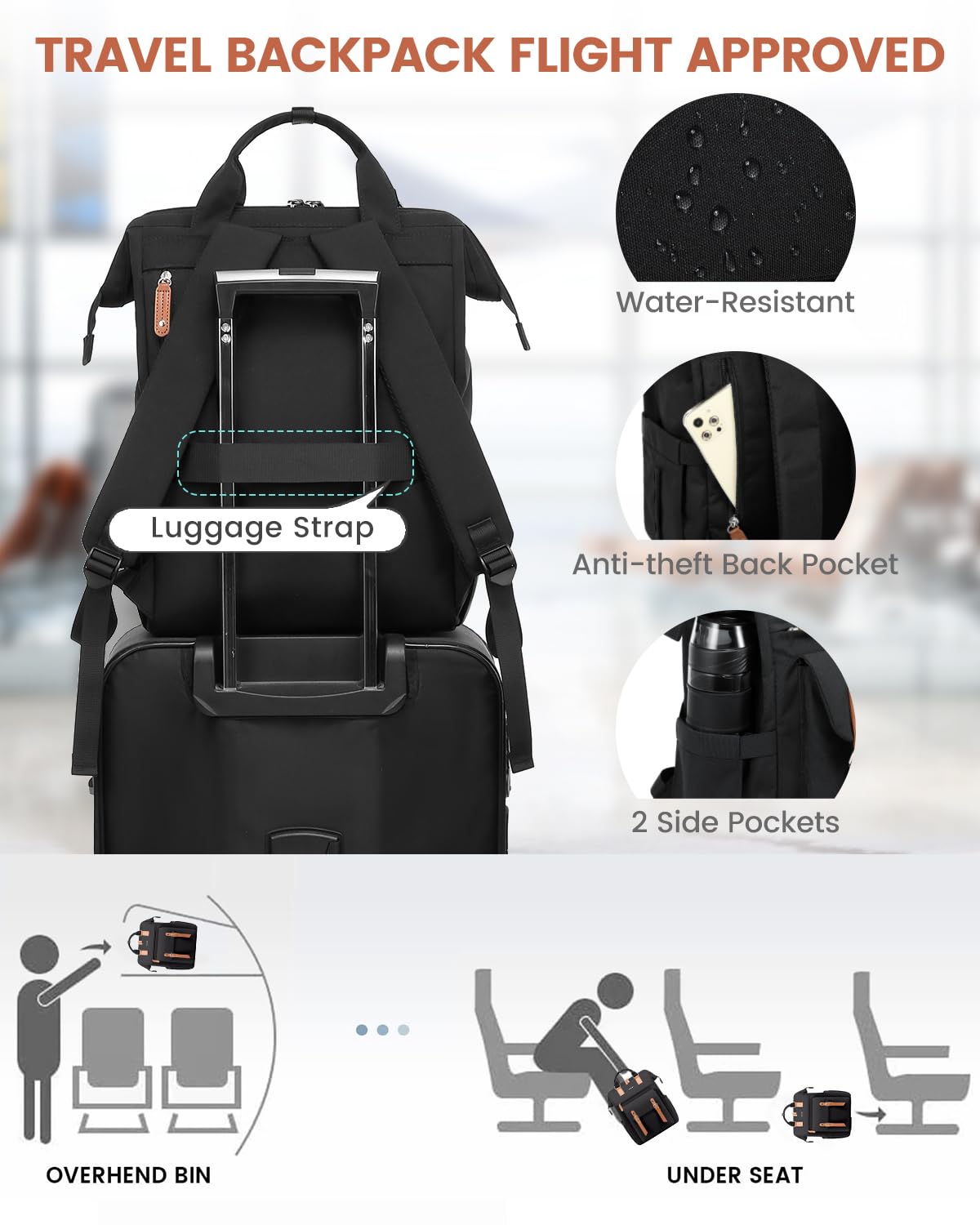 LOVEVOOK 15.6 Inch Women's Laptop Backpack - Stylish Work Travel Purse & Business Computer Bag for Commuters, Teachers, Nurses | Multi-Pocket College School Backpack & Student Bookbag (Black-Brown) - Perfect for Office, Campus & Daily Commute