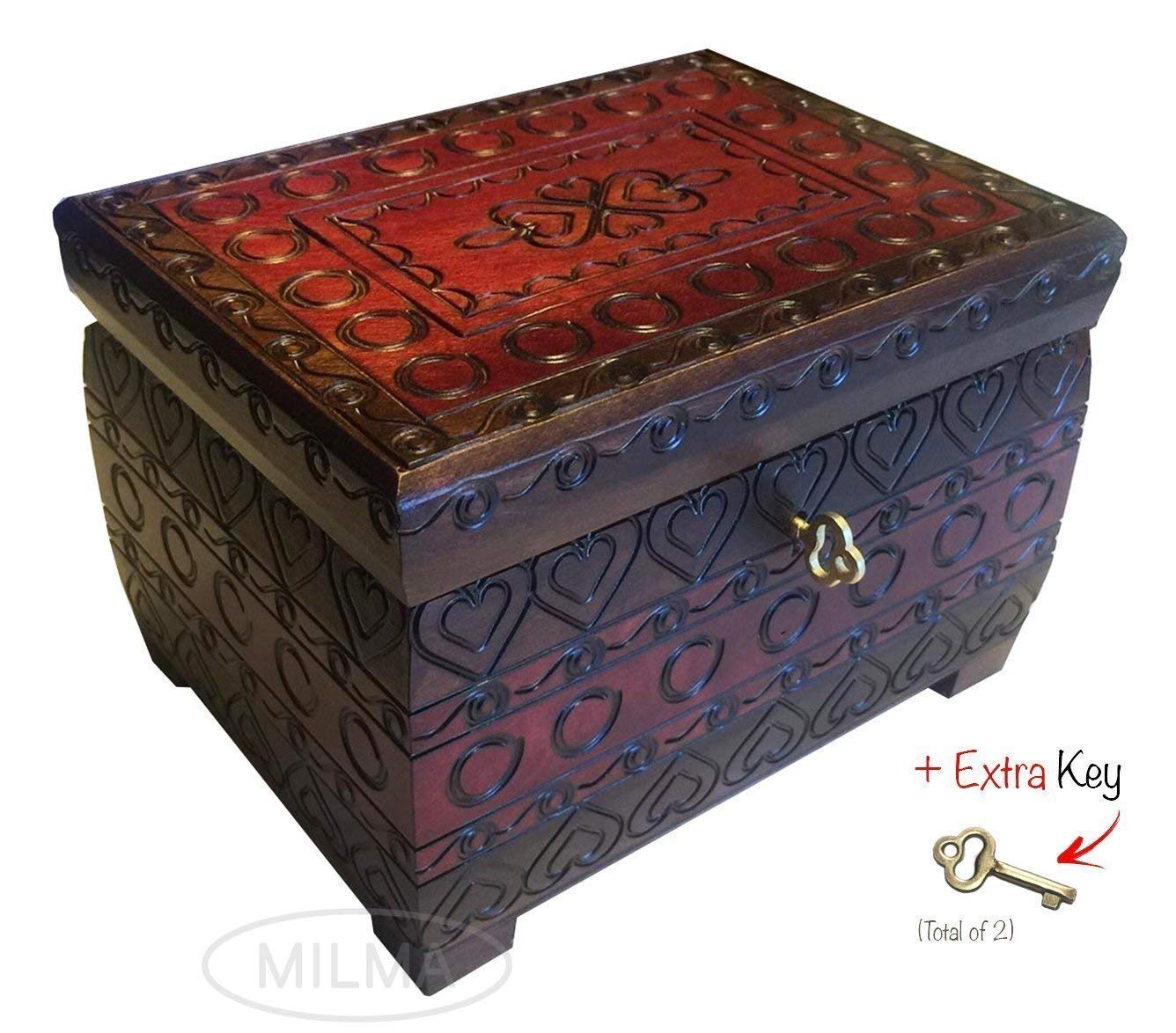 Handcrafted Red Heart Wooden Jewelry Box with Lock & Key - Romantic Linden Wood Keepsake Chest for Valentine's Gifts, Anniversary & Wedding Jewelry Storage