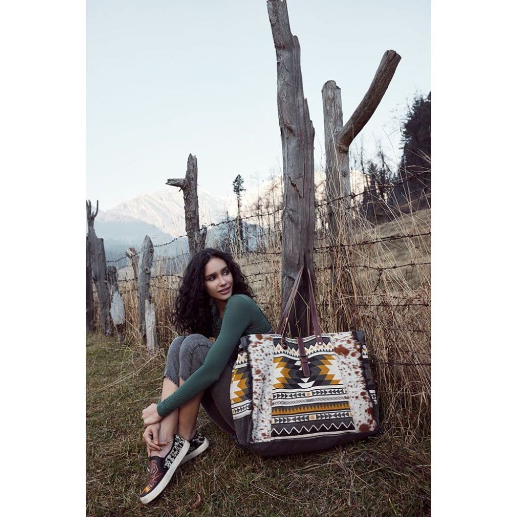 Myra Bag Western Leather Weekender Bag for Women - Cotton & Upcycled Canvas Boho Shoulder Bag | Perfect for Travel, Weekend Getaways & Boho Fashion | Durable & Stylish Trilang Design