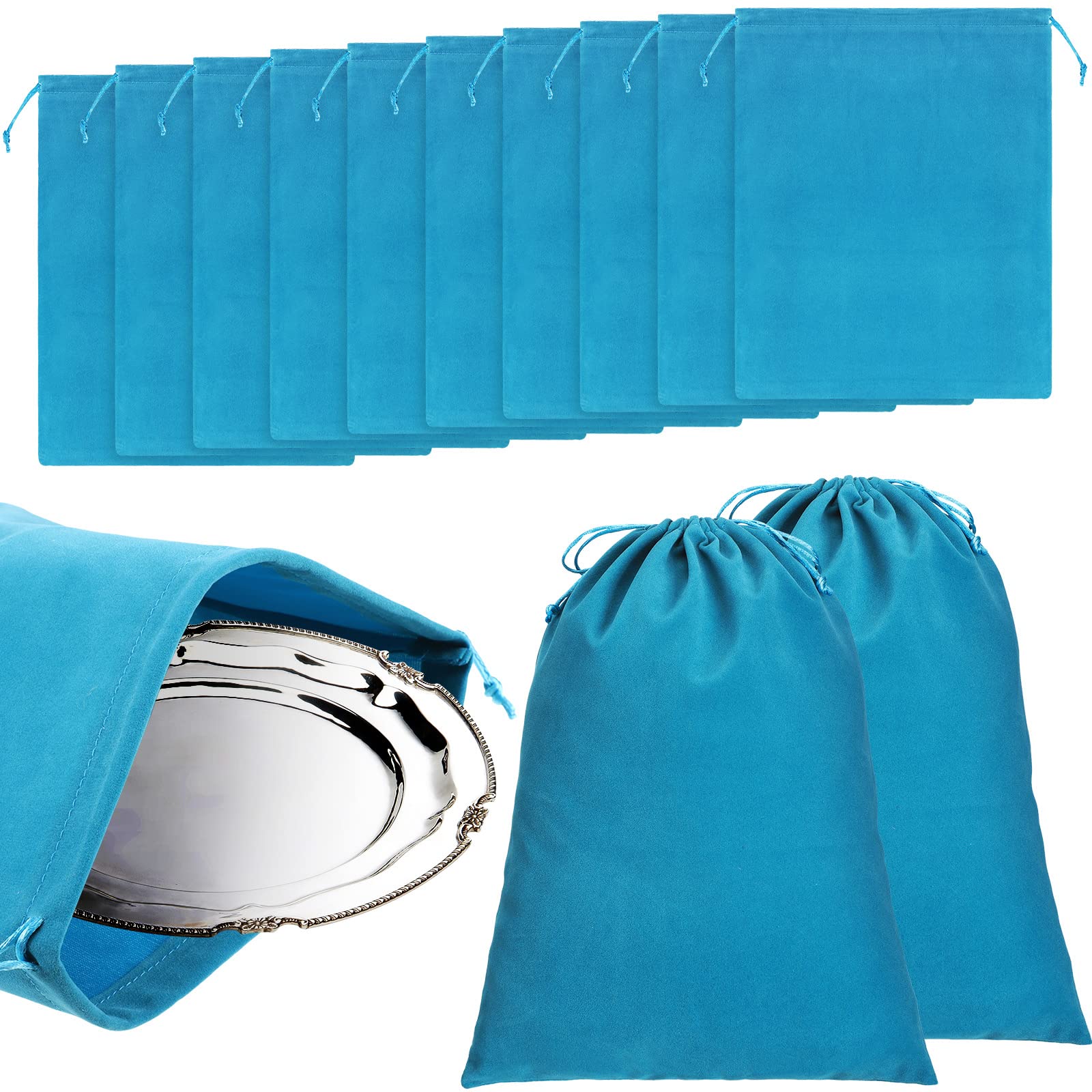10 Pack Anti-Tarnish Silver Storage Bags - 9x11.8 Inch Jewelry & Silverware Protection Pouches for Silver, Flatware, Silverplate | Tarnish-Free Fabric Cloth Bags (Blue) | Perfect for Jewelry Organizers, Travel Storage & Silverware Protection