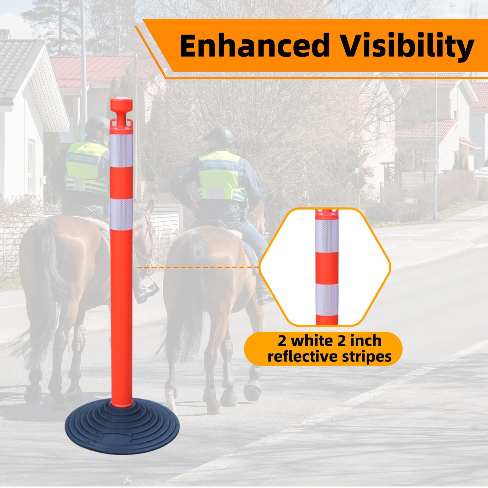6 Pack 39 Inch Red Traffic Delineator Posts with 2 White Reflective Collars - Safety Cones with 6.6 Feet Chains & 14 Inch Rubber Base for Road Safety, Parking Lots, Construction Zones & Driveway Marking (Red)