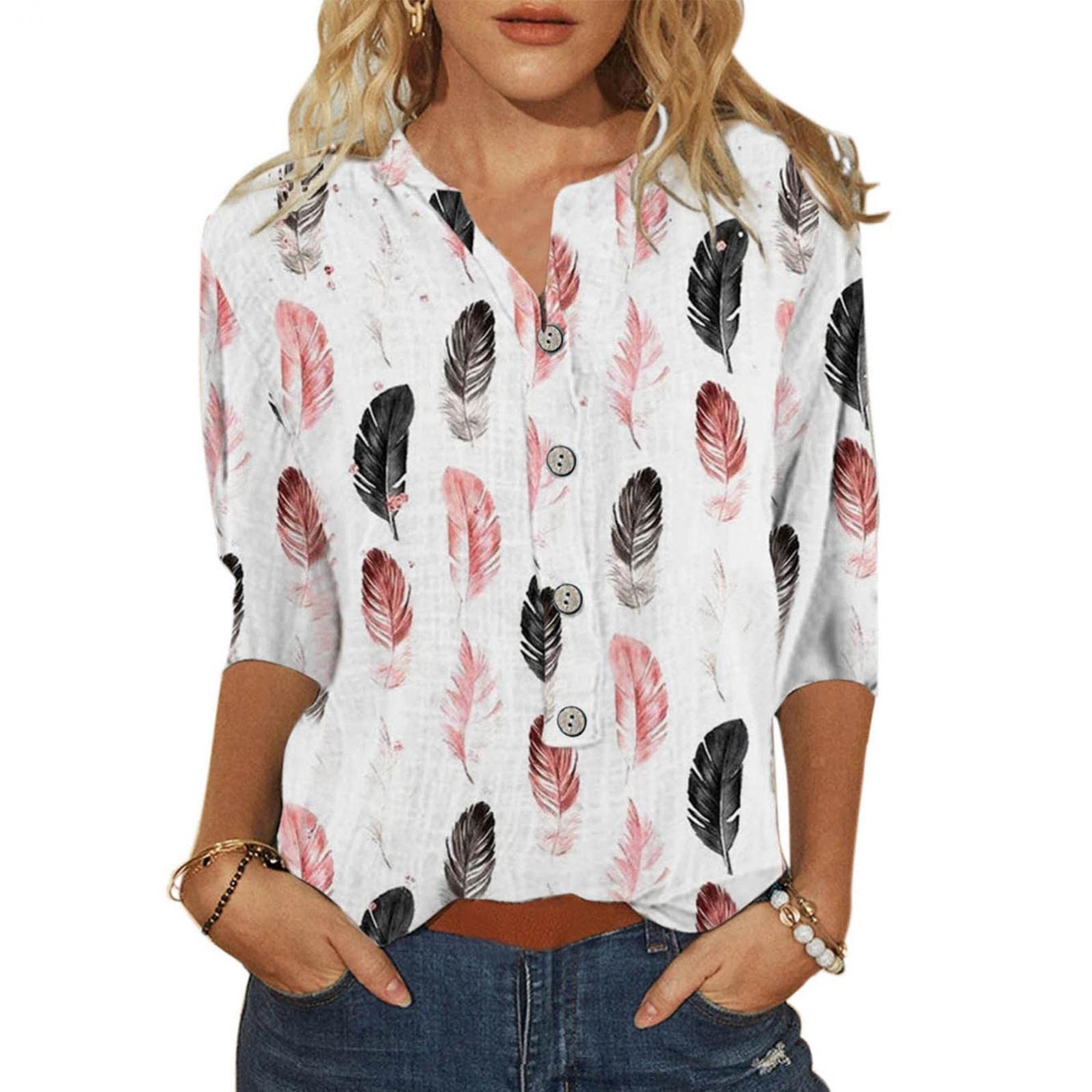 Women's Summer Tops - Loose Fit 3/4 Sleeve Casual Printed T-Shirts | Soft Round Neck Blouses for Women | Perfect for Beach, Vacation & Everyday Wear