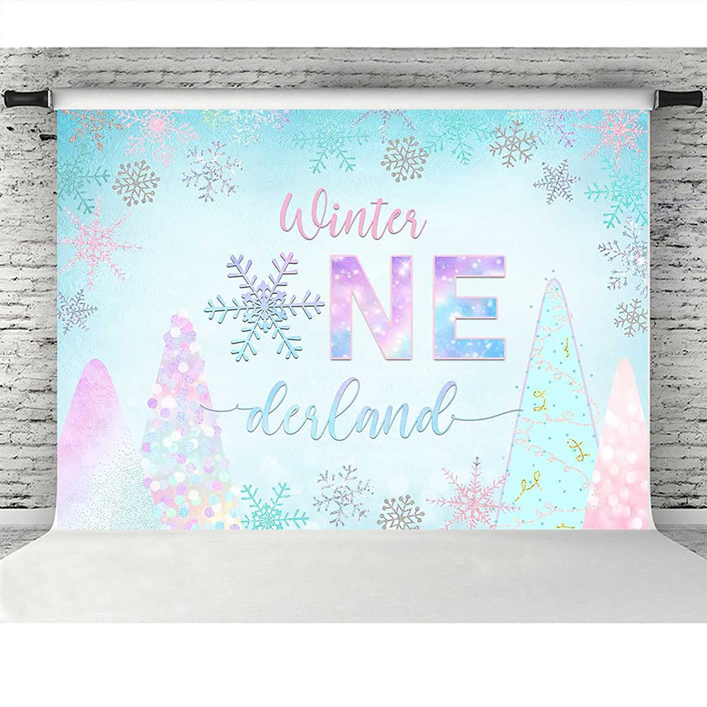 Lofaris Winter Onederland Backdrop - Pink Silver Blue Snowflake Photography Background for Baby Girl's 1st Birthday Party Decor (7x5ft) | Perfect for Cake Table, Photo Booth, Studio Props & Wonderland-Themed Celebrations