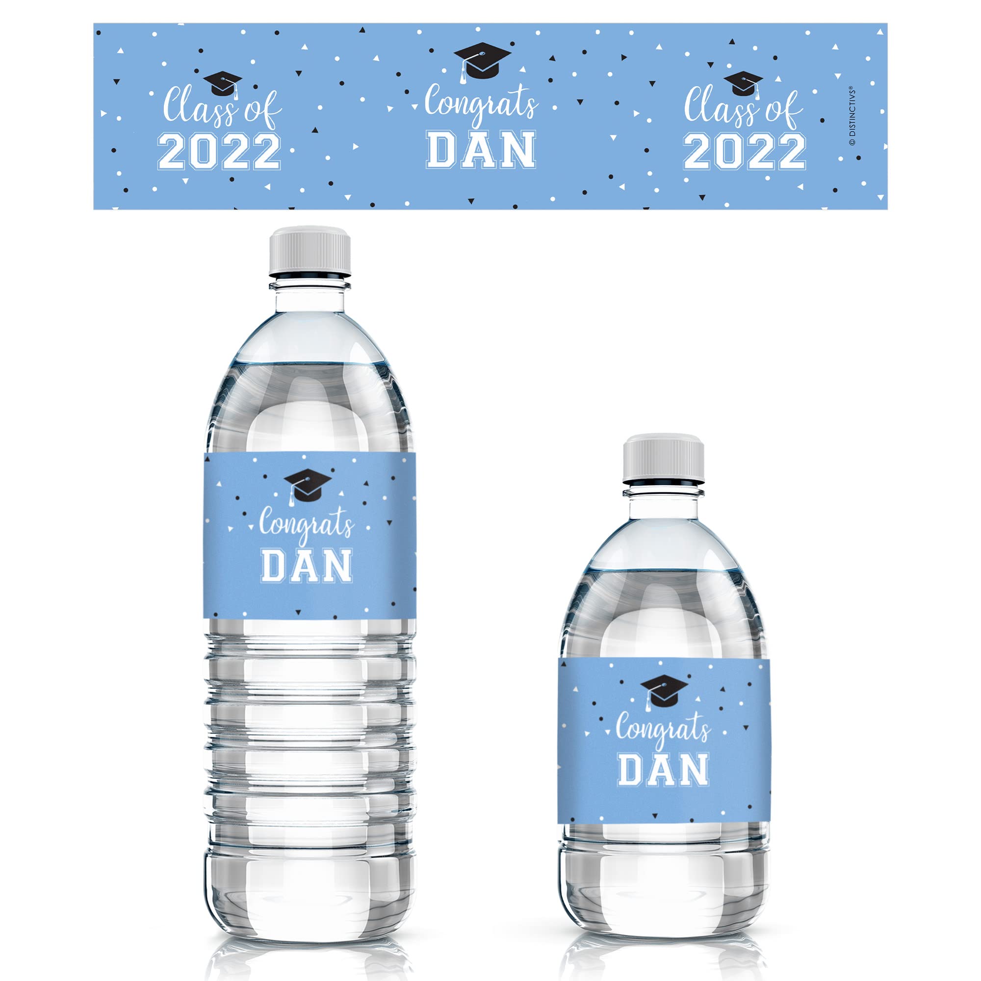 Custom Graduation Water Bottle Labels - 24 Pack Light Blue Stickers for Party Favors, School Events & Celebration Decorations