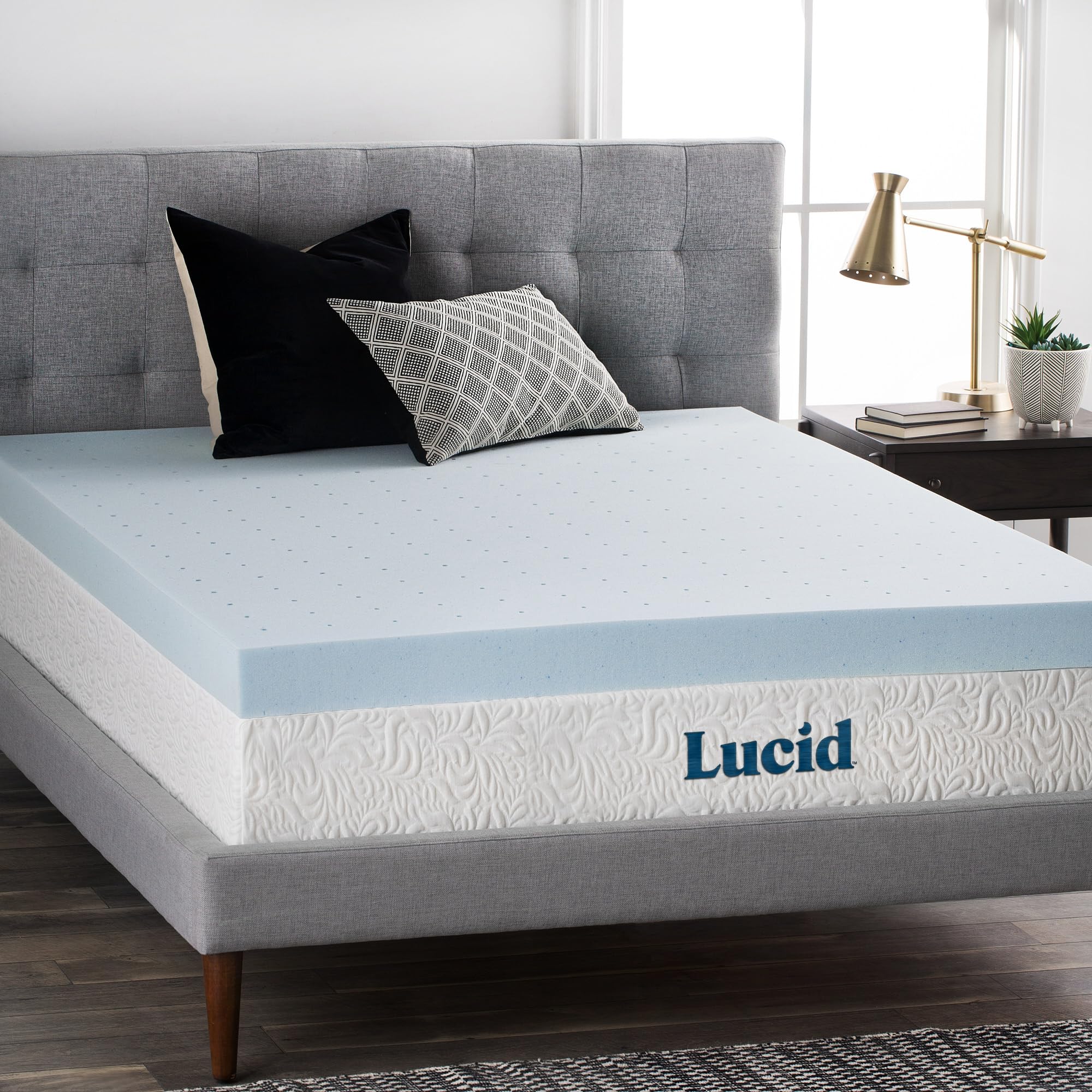 LUCID 4 Inch Gel Memory Foam Mattress Topper - Ventilated Cooling Design, Ultra Plush Comfort, CertiPUR-US Certified, Full Size, Blue - Perfect for Hot Sleepers & Pressure Relief in Bedrooms, Guest Rooms & Dorms