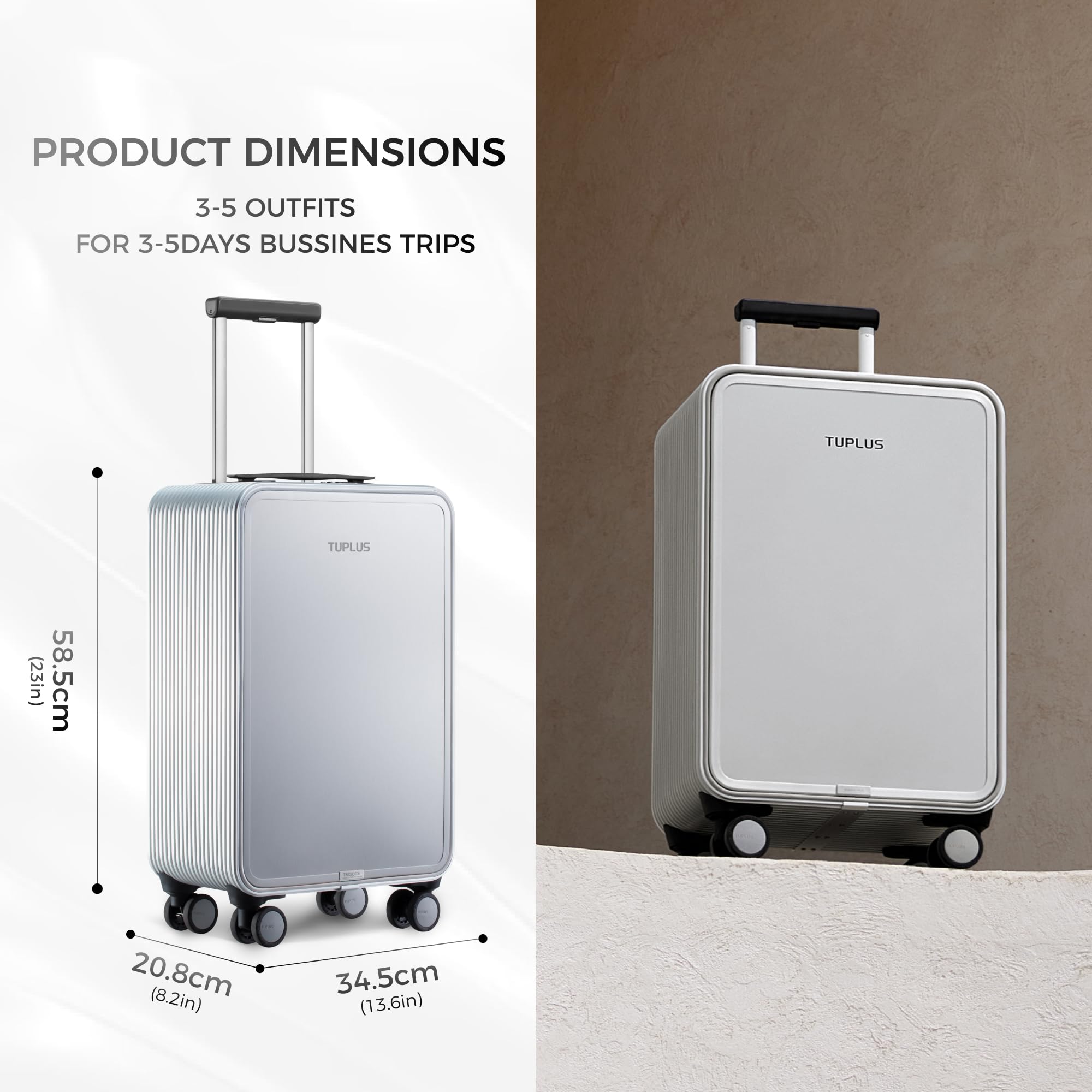 TUPLUS Aluminum Hard Shell Suitcase with 4 Spinner Wheels - Lightweight Check-in Luggage for Business Travel & Vacation | Durable Carry-on Spinner Suitcase for Airplane & Road Trips