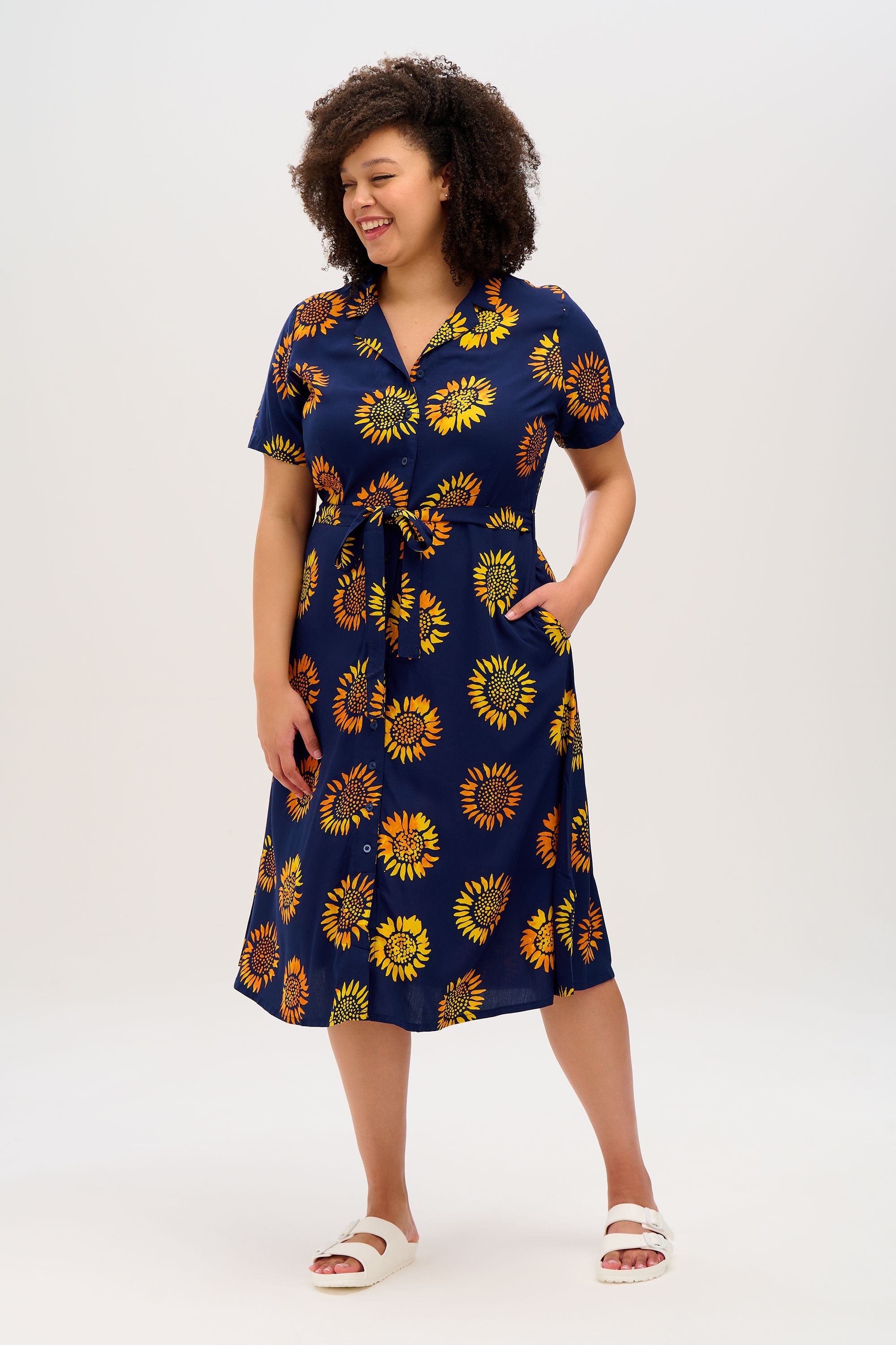 Fiona Batik Midi Shirt Dress - Navy Blue with Sunflower Print | Flowy Women's Casual Summer Dress for Beach, Vacation & Boho Style Outfits