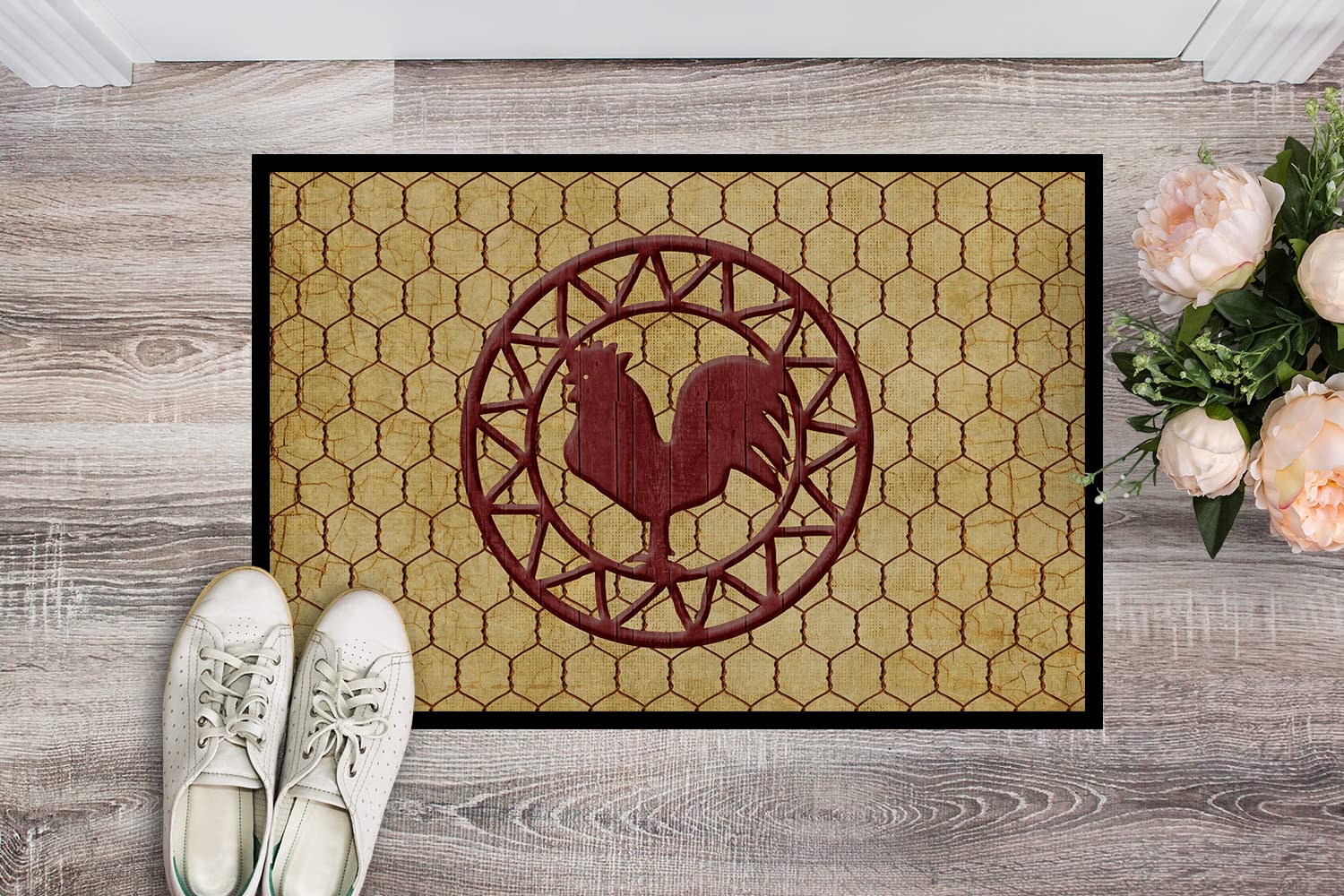Rooster Chicken Coop Doormat 24x36 - Non-Slip Washable Low Pile Indoor/Outdoor Entryway Rug - Perfect for Farmhouse, Country Kitchen & Front Door Decor - 24H X 36W