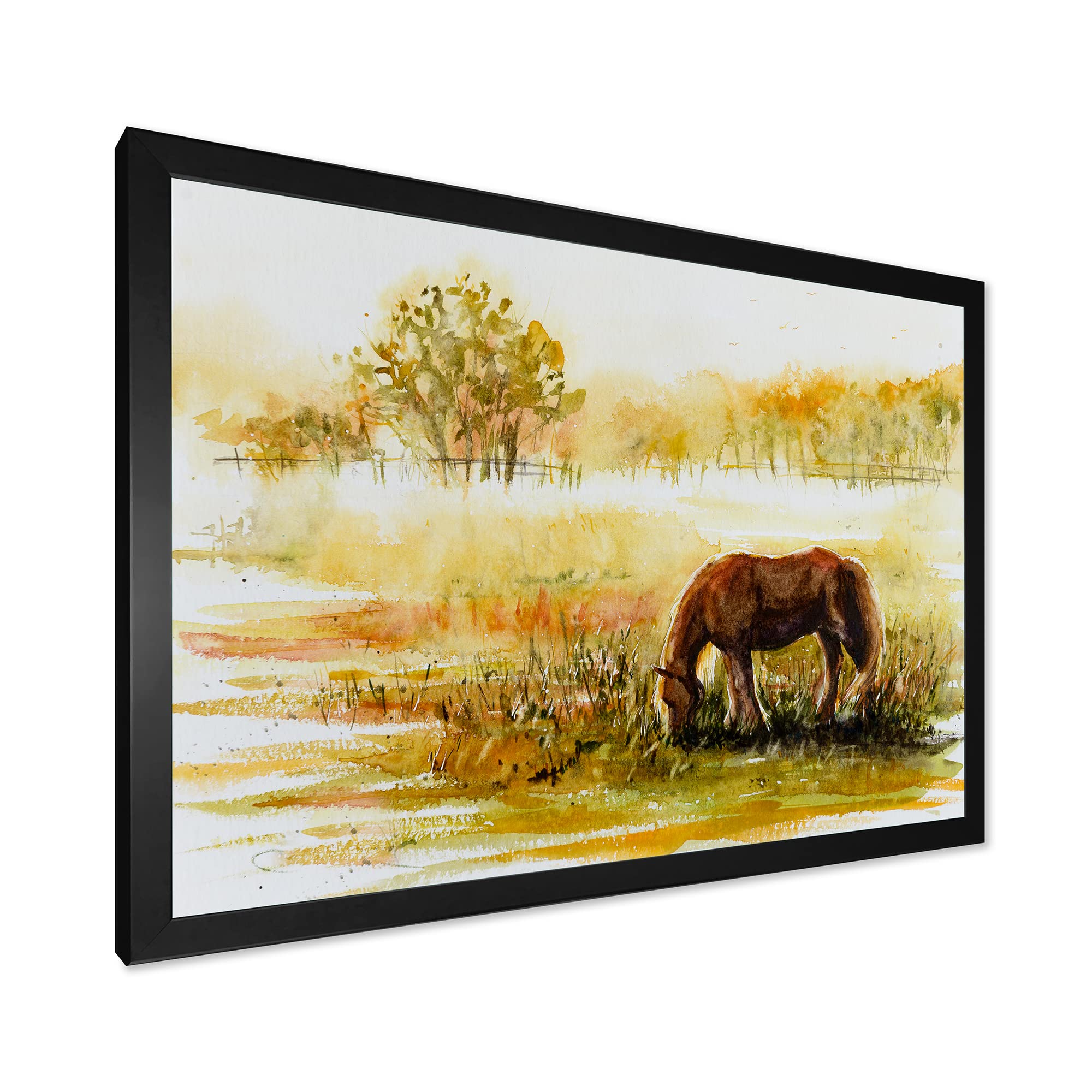 Farmhouse Decor - Horse Grazing in Meadow Framed Wall Art for Living Room, Bedroom & Office | Rustic Countryside Painting | Home & Office Decor