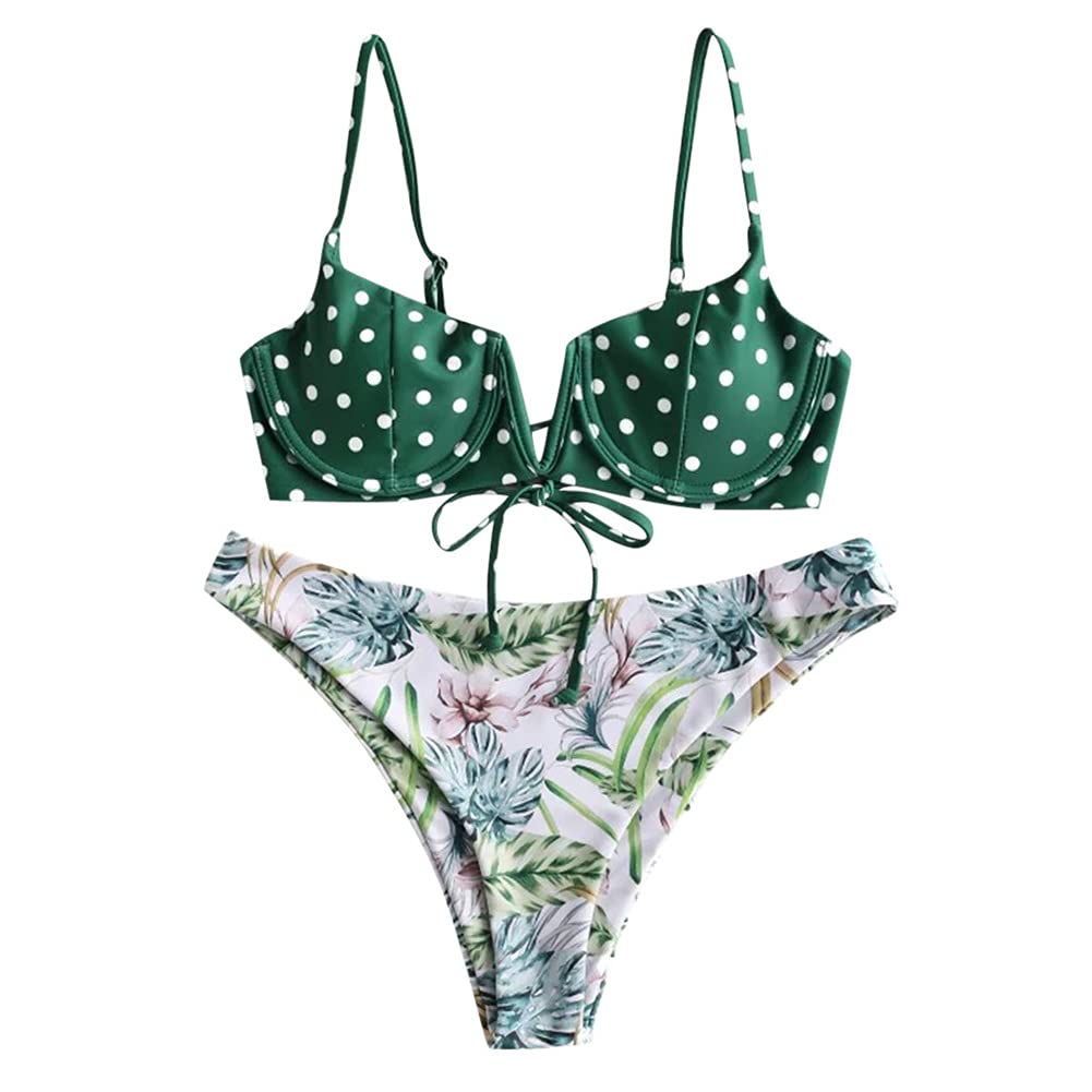 Women's Floral Print High Cut V-Neck Push Up Bikini Set - Bandage Two Piece Swimwear for Beach & Pool - Walnut Color (Size M) | Perfect for Summer Vacations, Tropical Getaways & Swim Parties