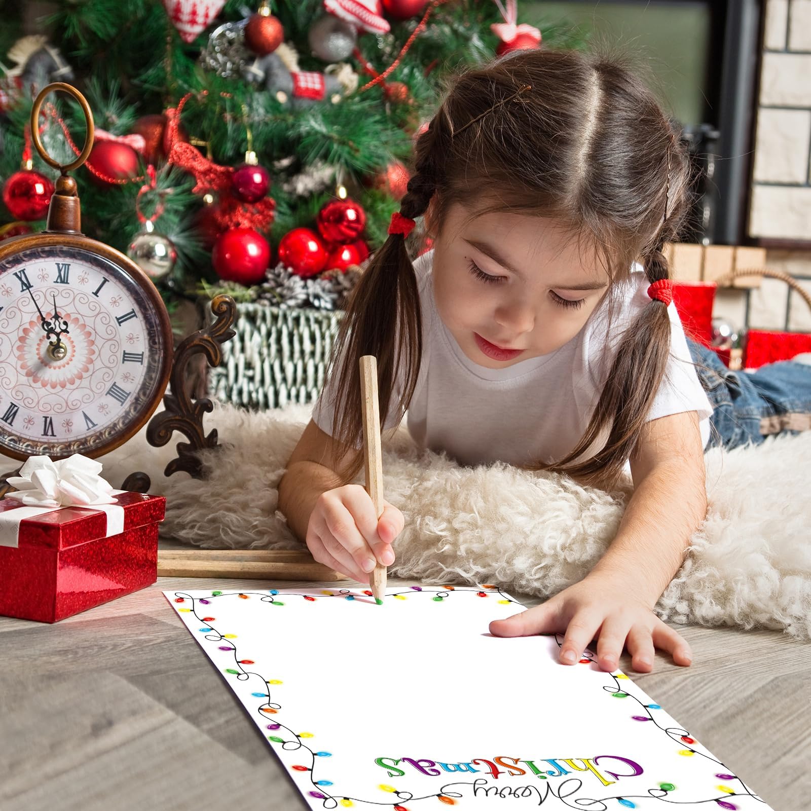 100-Pack Christmas Light Bulbs Letterhead Border Paper - 8.5 x 11 Inch Holiday Stationery for Santa Letters, Invitations, Office & School Use - Perfect for Festive Notes, Printer Paper & Holiday Decorations