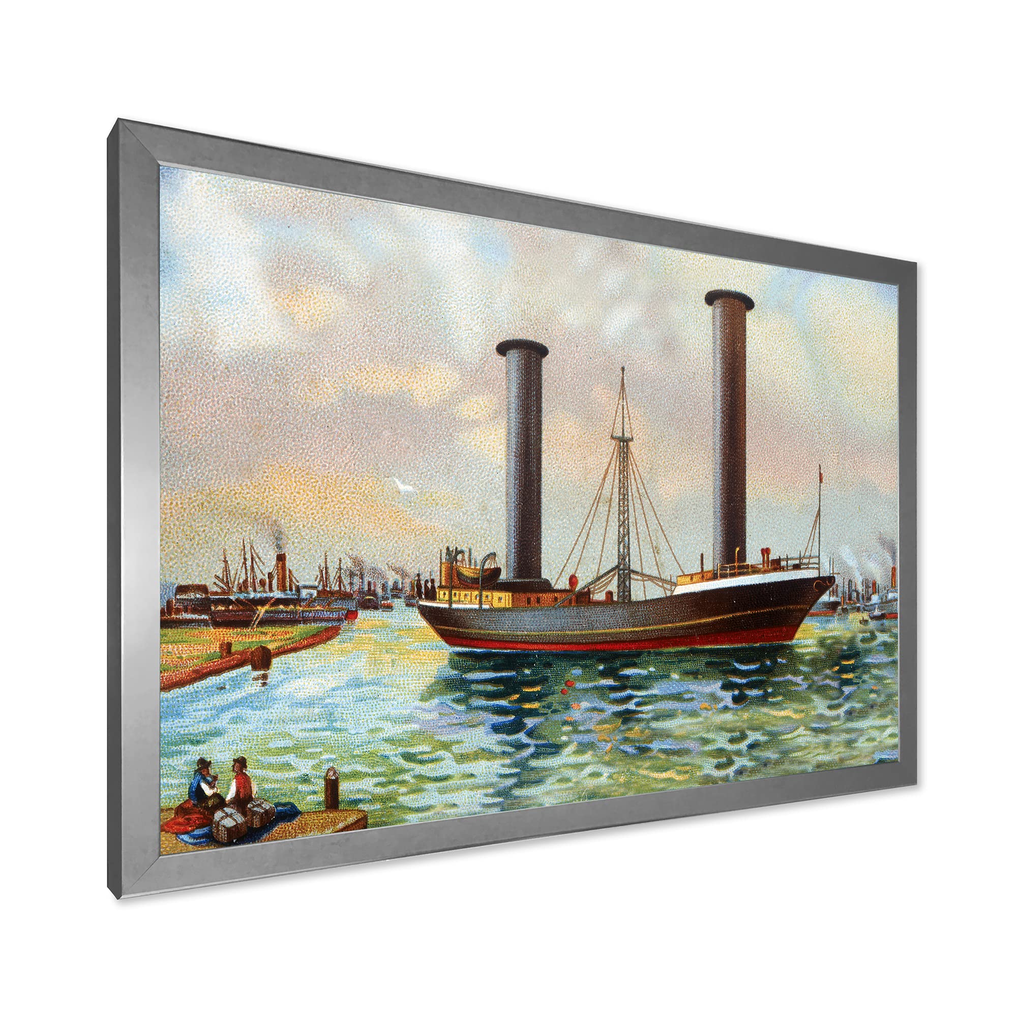 DesignQ Ancient Boat Leaving The Harbor Framed Nautical Wall Art - Coastal Home Decor for Living Room, Bedroom & Office