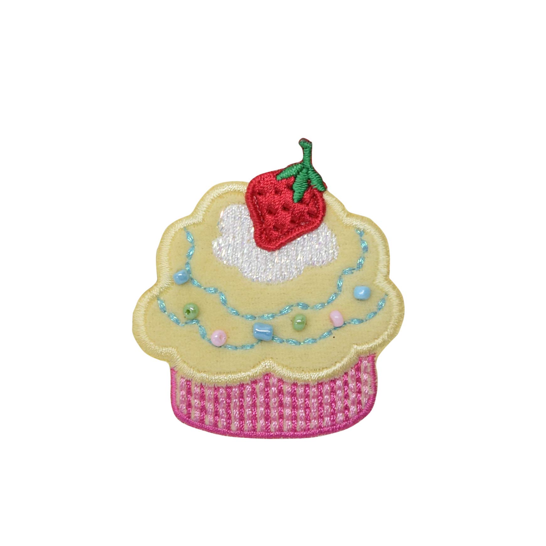 Yellow Beaded Cupcake with Strawberry Embroidered Iron-On Patch for DIY Clothing, Bags & Crafts - Perfect for Customizing Denim Jackets, Backpacks & Home Decor