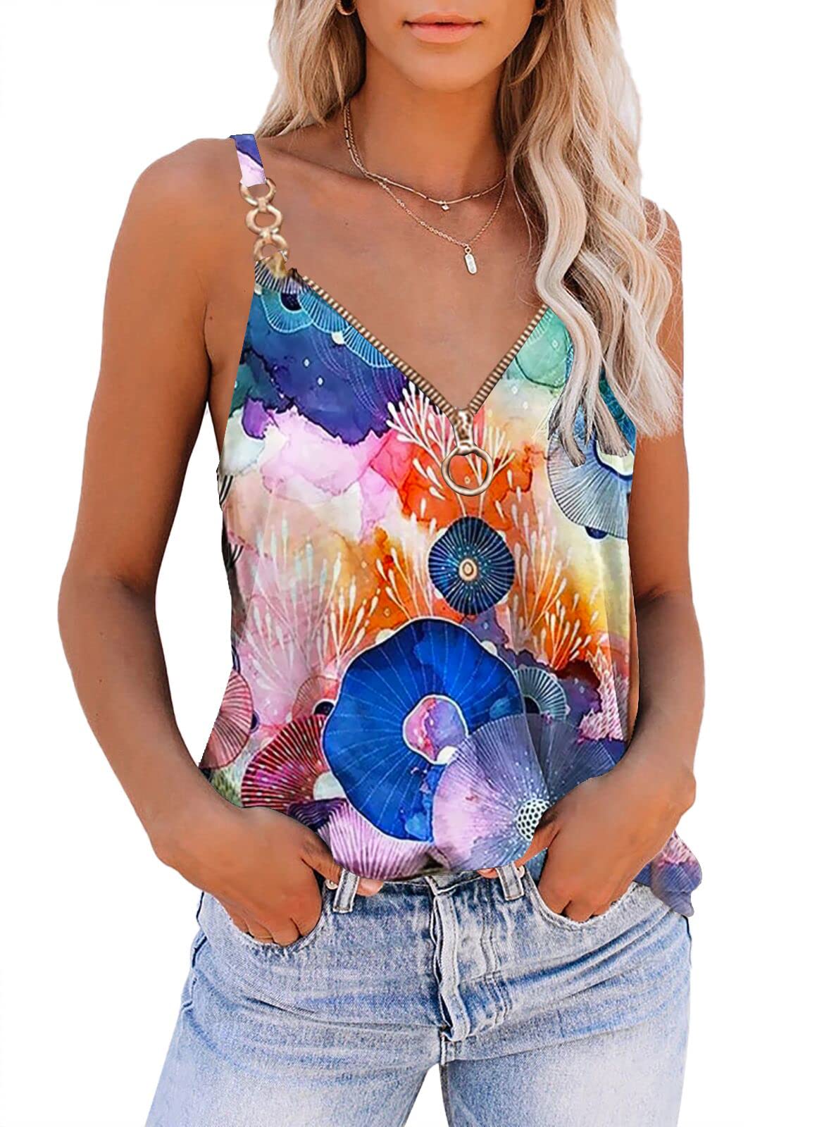 Women's Floral Printed V-Neck Tank Top - Trendy Summer Tops for Women | Casual Wear, Beach Outfits & Vacation Essentials