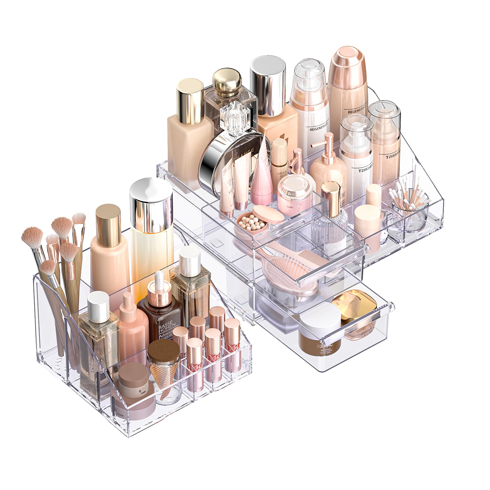 2-in-1 Makeup Organizer & Skincare Tray Set - Large Capacity Cosmetic Storage with 2 Clear Drawers for Vanity, Bathroom, Countertop & Bedroom - Perfect for Organizing Beauty Supplies and Daily Essentials