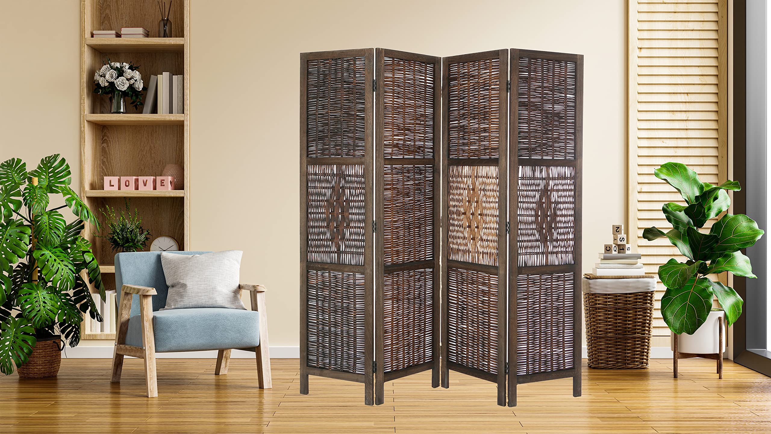 Legacy Decor 4-Panel Wicker Room Divider Screen - Antique Brown Wooden Folding Partition for Bedroom, Living Room & Office Privacy