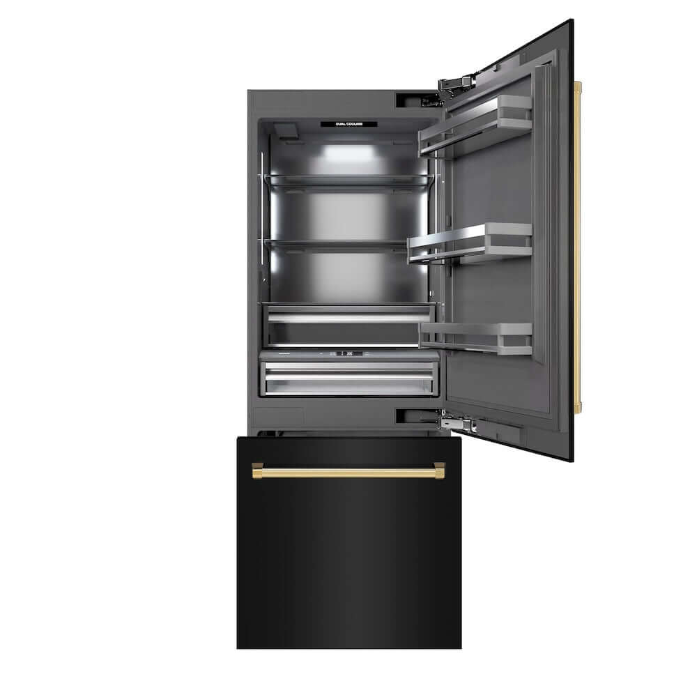 ZLINE Autograph Edition 30 Inch Built-In Bottom Freezer Refrigerator - 16.1 cu ft Capacity, Black Stainless Steel with Graphite Gray Interior, Water Dispenser & Ice Maker, Polished Gold Accents (GRBIVZ BS 30 G) - Perfect for Modern Kitchens, Open Concept Homes & Luxury Appliances Collection