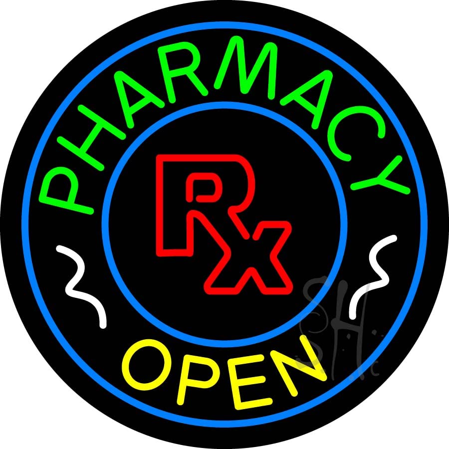 Round Pharmacy Open Logo LED Neon Sign 26x26 Inches - Black Square Cut Acrylic Backing with Dimmer - Bright Premium Indoor LED Neon Light for Medical Stores & Clinics - Perfect for Pharmacy Decor, Hospital Signage & Healthcare Business Branding