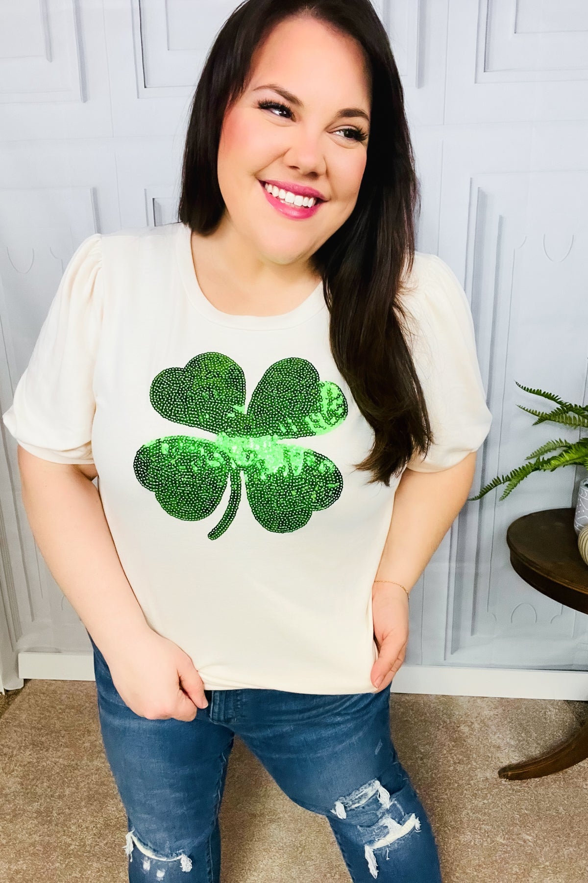 Haptics Saint Patrick's Day Sequin Clover French Terry Puff Sleeve Top for Women | Festive Party & Holiday Outfit