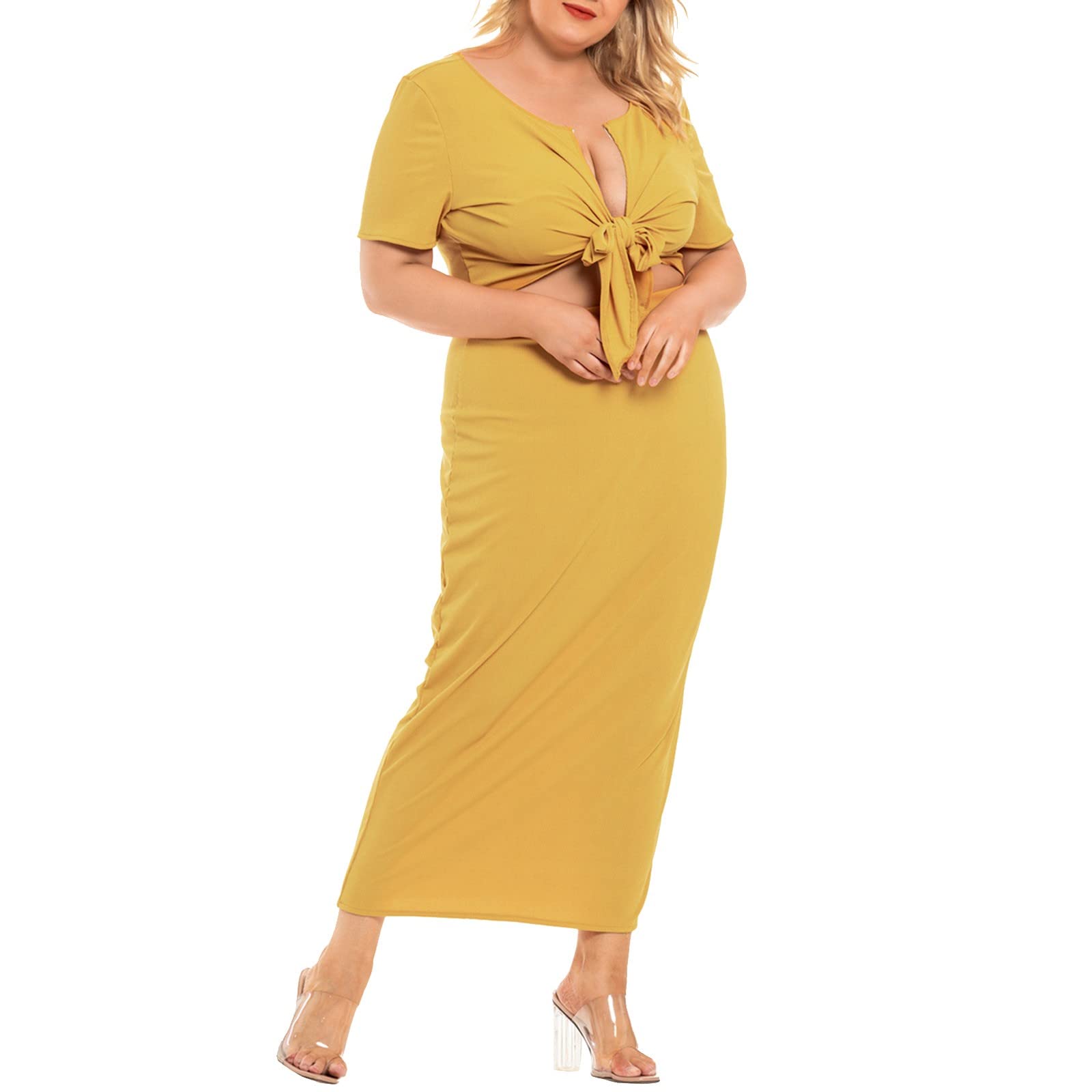 Plus Size Summer Maxi Dresses for Women - Sexy V-Neck Bowknot Cropped Top with Long Skirt Set | Flowy Sundress for Beach, Vacation & Casual Outings